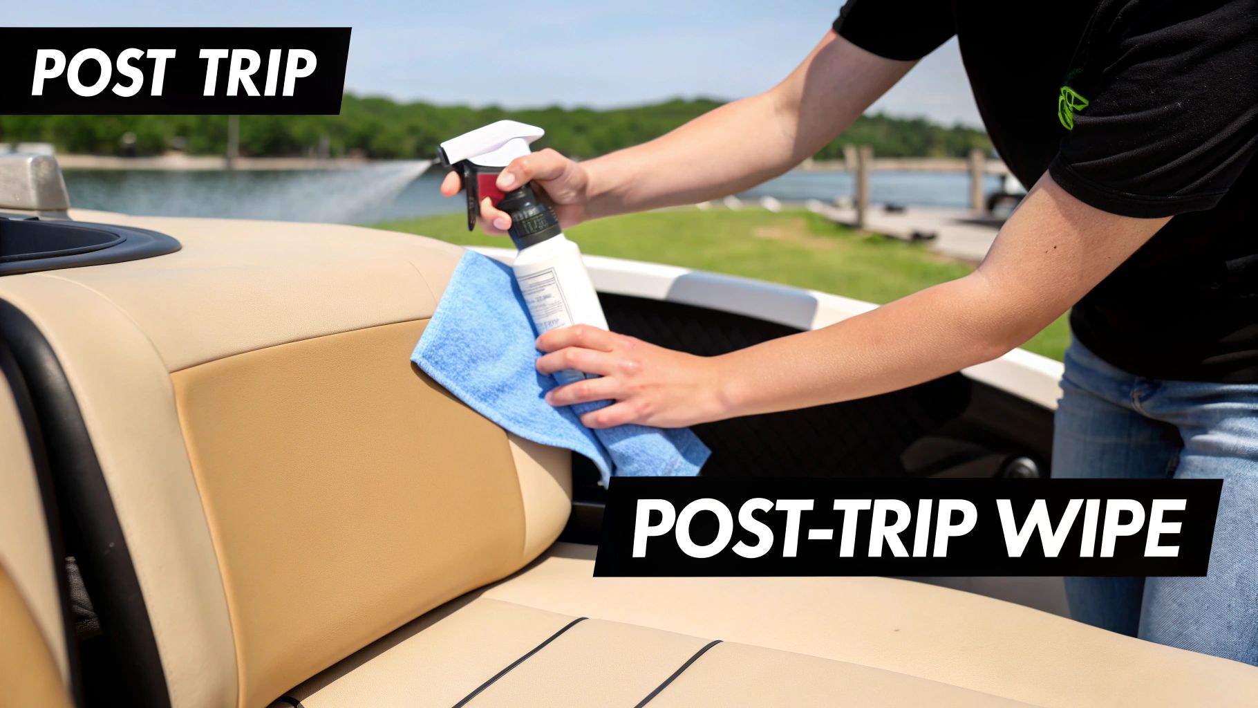 Person cleaning tan vinyl boat seats with a spray bottle and microfiber cloth after a trip.
