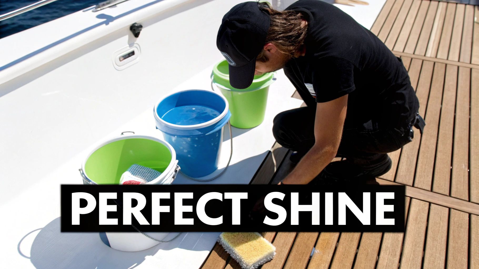 A man kneels on a boat deck, cleaning it with multiple buckets, sponges, and cleaning supplies.