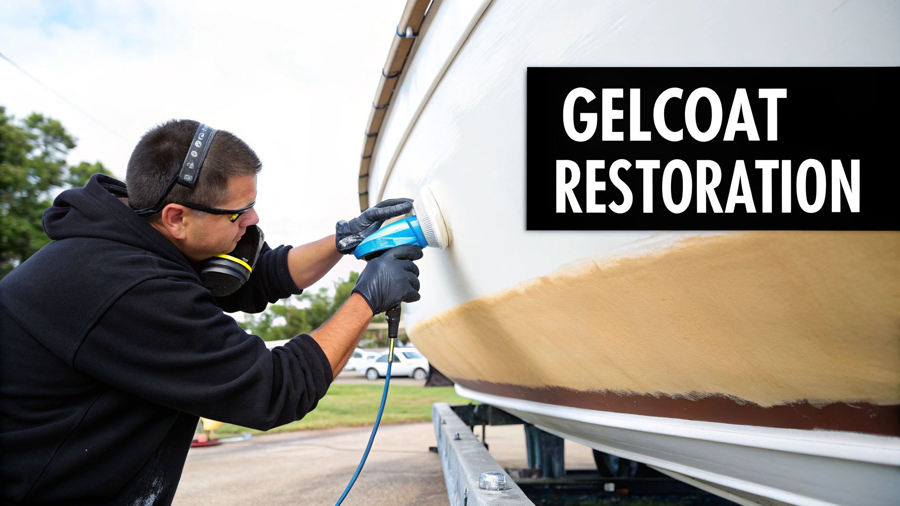 A man wearing a respirator and safety glasses polishes the gelcoat of a boat hull.