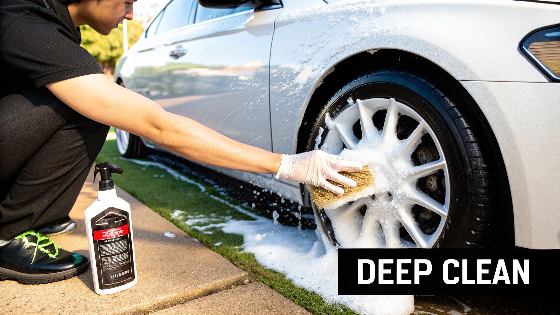 A person wearing gloves cleans a silver car's wheel with a brush and suds, next to a cleaning product bottle.