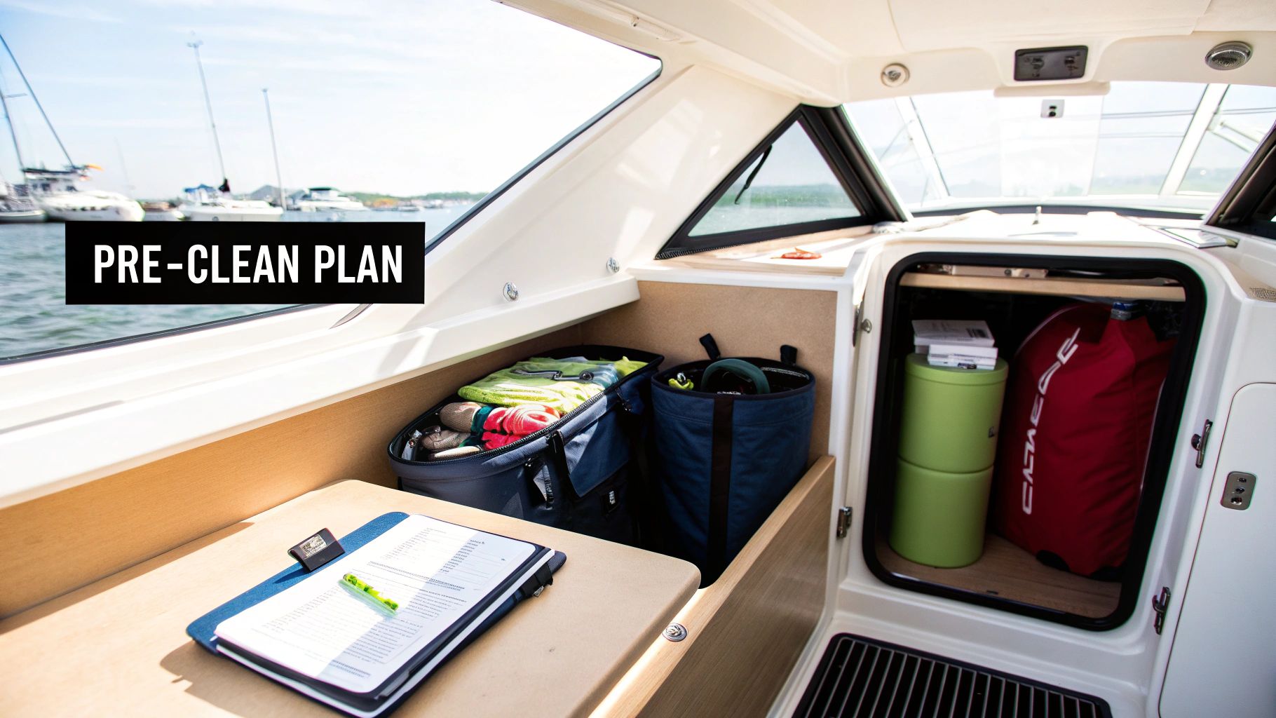 A boat interior shows storage bins, a clipboard with papers, and a "PRE-CLEAN PLAN" overlay.