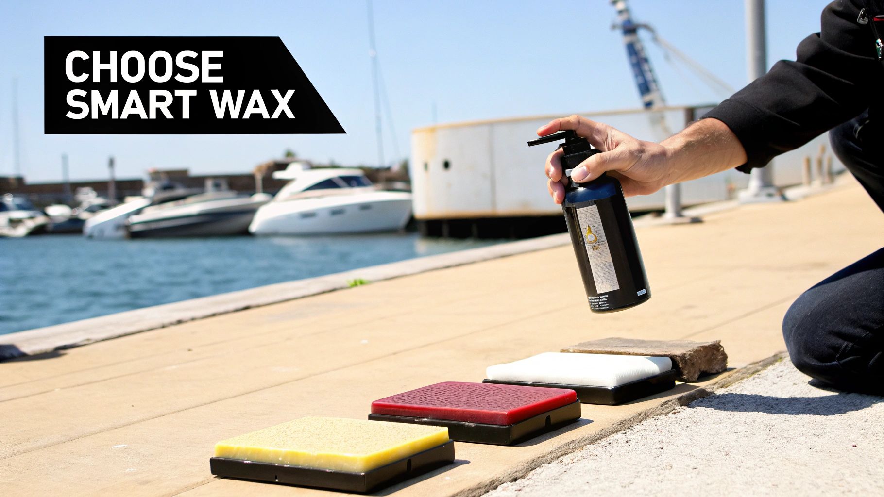 A person's hand sprays a black bottle over cleaning pads on a dock with boats in a marina, featuring 'CHOOSE SMART WAX' text.