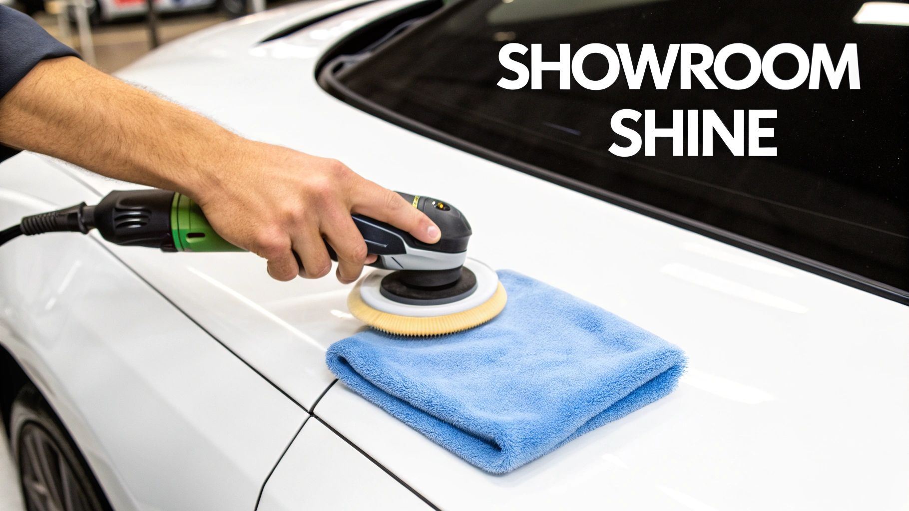 A hand meticulously polishes the white fender of a car with an orbital polisher, achieving a showroom shine next to a blue microfiber towel.