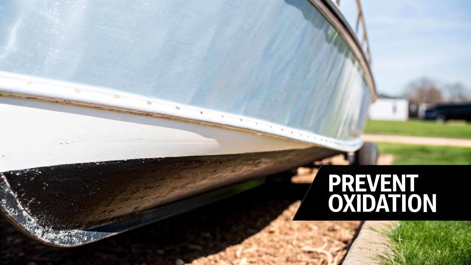 Close-up of an aluminum boat's hull showing its light blue, white, and black paint on land.