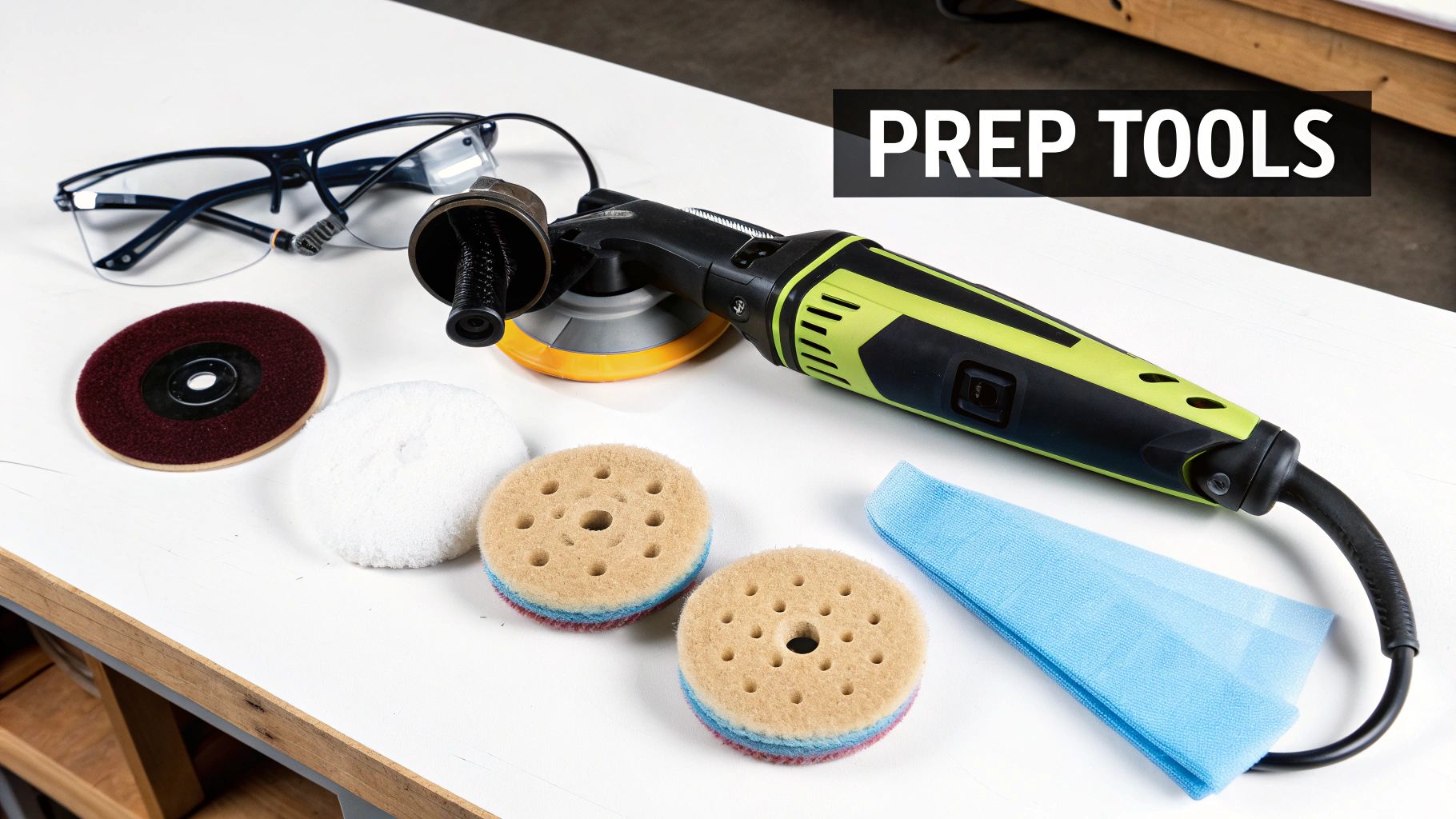 A collection of boat compounding and polishing prep tools, including a polisher, safety glasses, and various pads.
