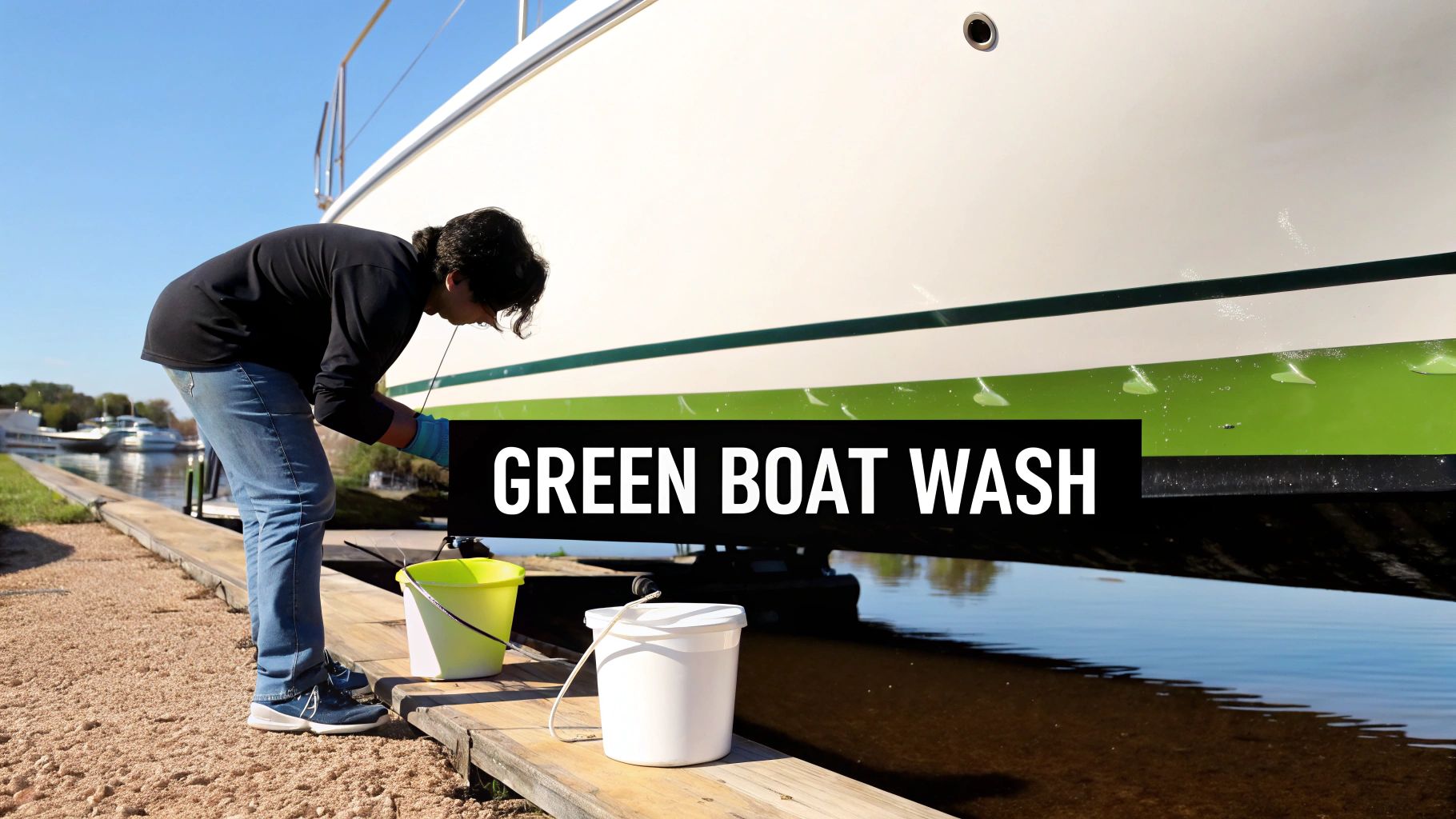 Person wearing gloves cleaning the side of a boat with green hull paint near calm water.
