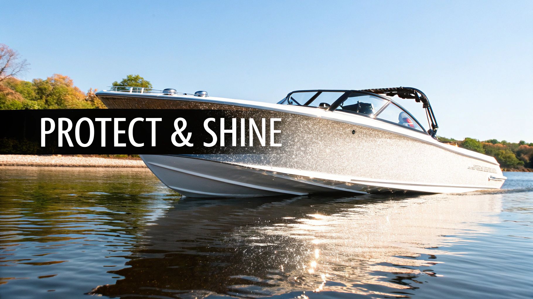 A sparkling silver boat with a 'PROTECT & SHINE' banner on a sunny lake, reflecting light.