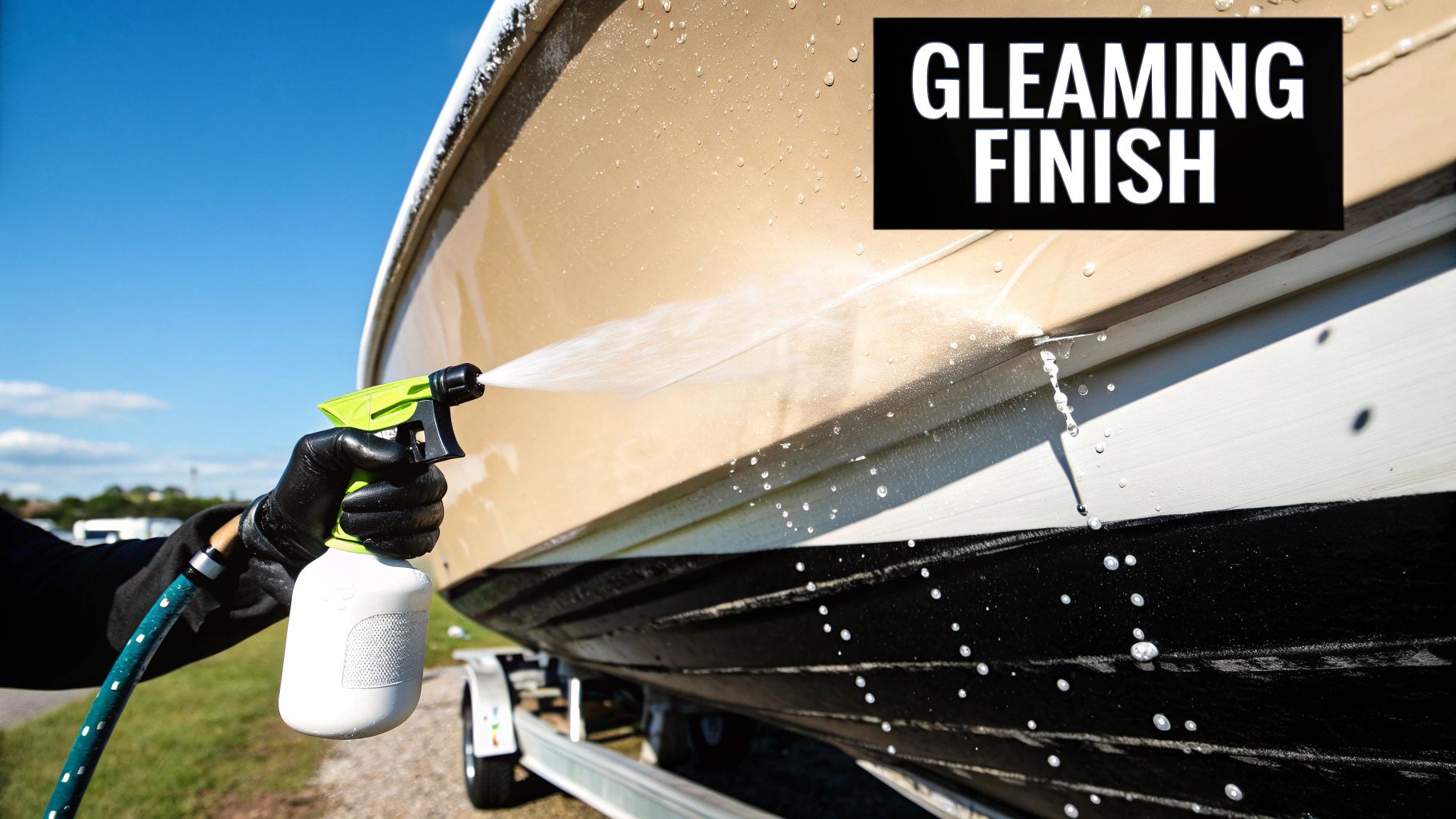 A gloved hand sprays cleaning solution onto a boat's hull, aiming for a gleaming finish.