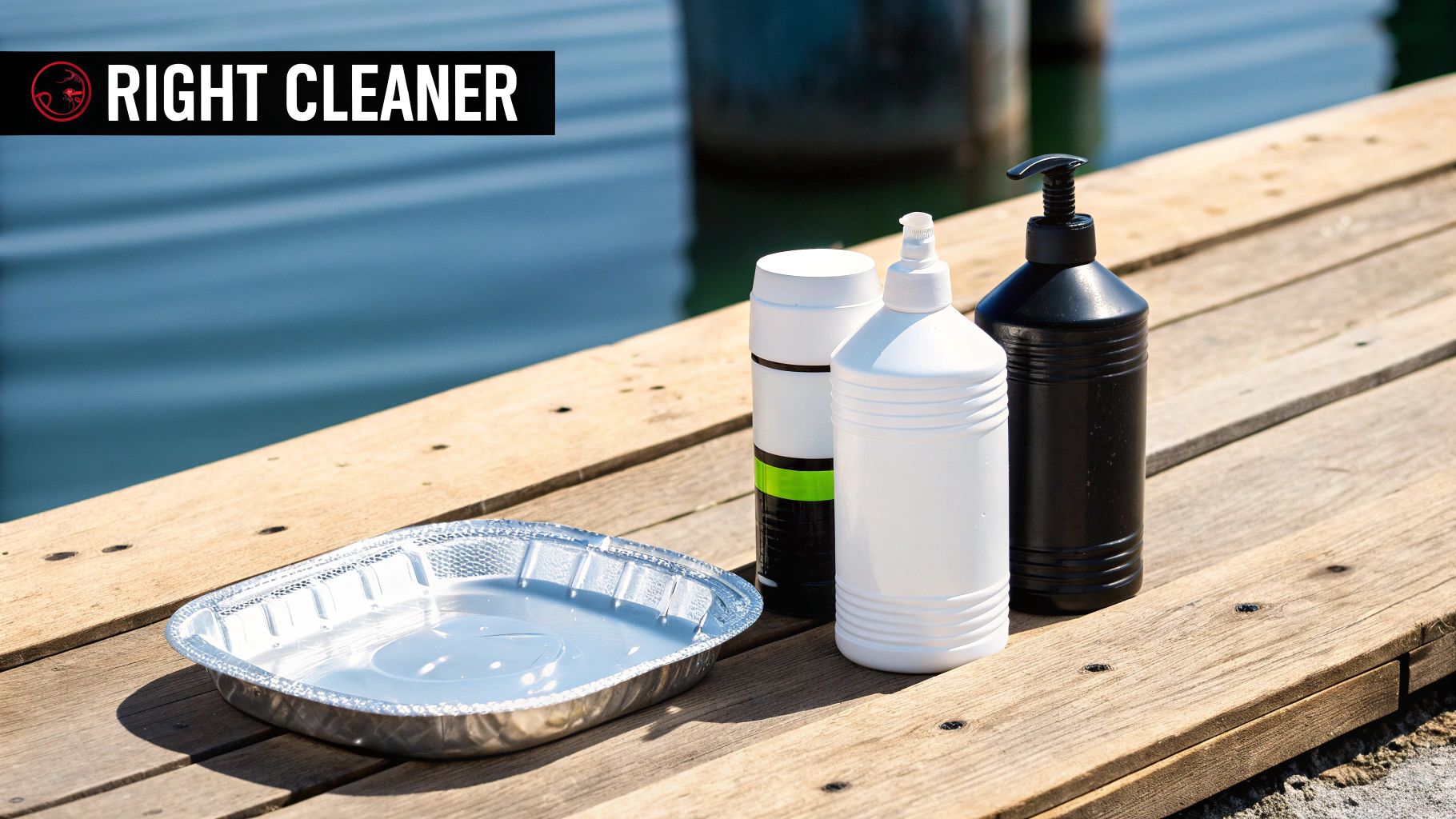 Three cleaning product bottles and an empty aluminum tray on a wooden deck by the water.