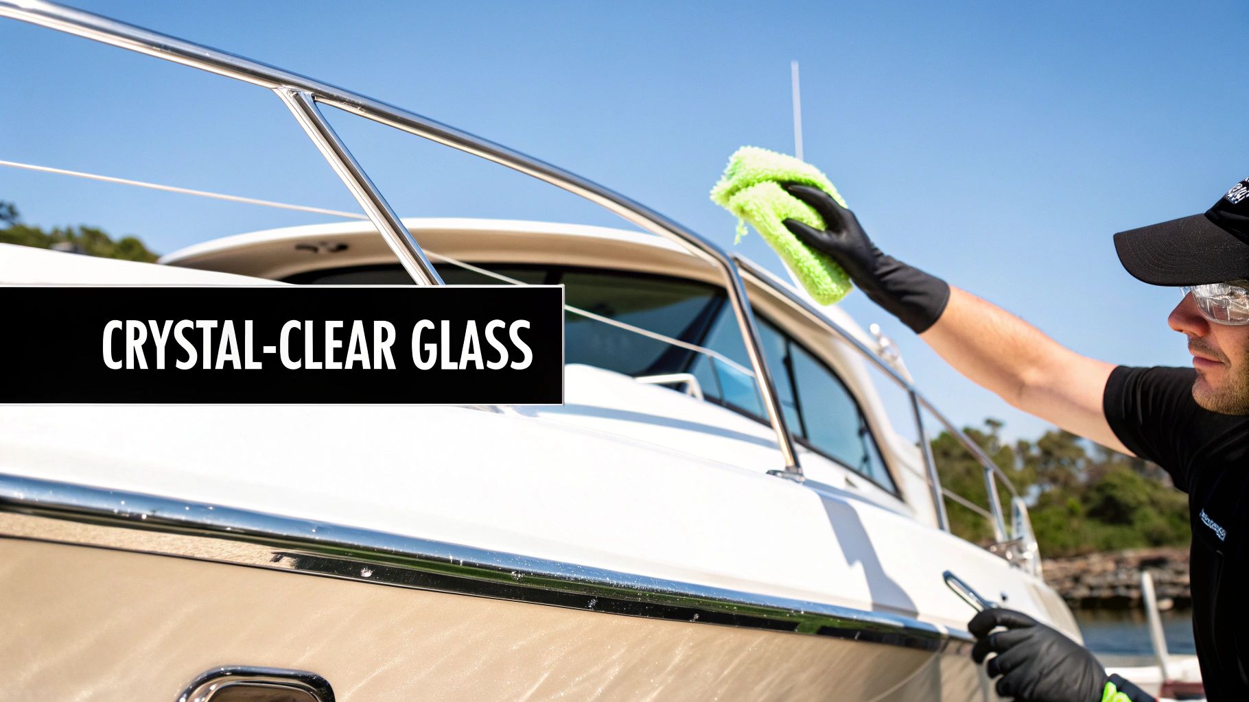 A person in black gloves cleans a boat window with a green microfiber cloth on a sunny day.