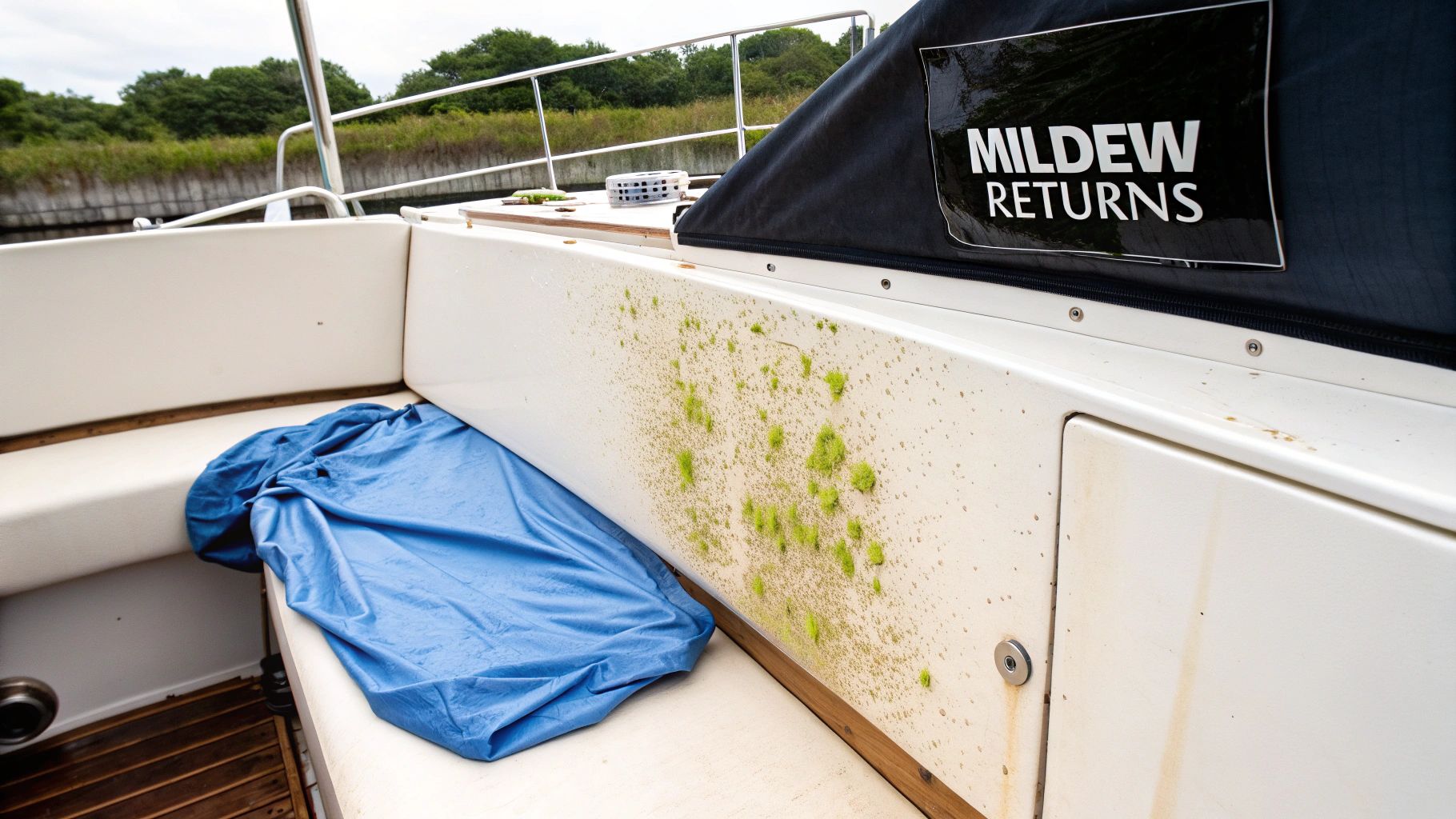Close-up of significant green mildew and dirt on the white interior walls of a boat, with a 'MILDEW RETURNS' sign.