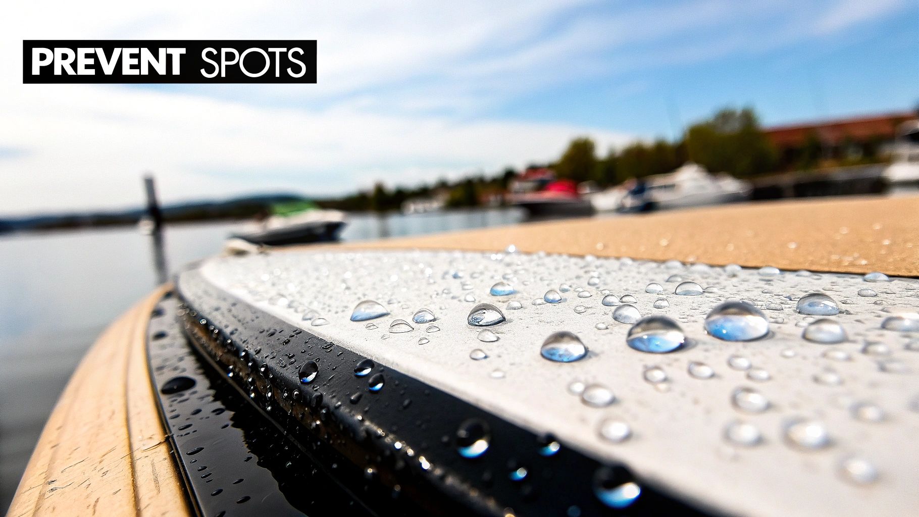 Close-up of water droplets beading on a boat's treated surface, preventing spots.