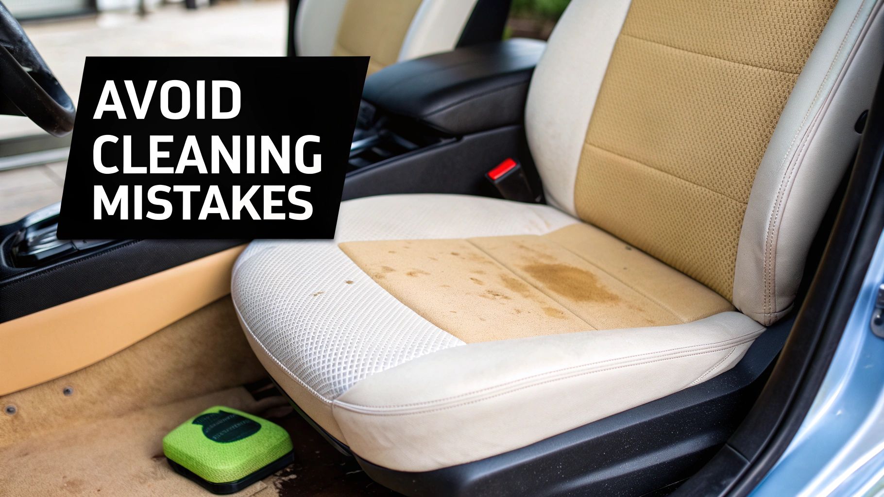 Close-up of a dirty car seat with brown stains and a green cleaning brush on the floor, indicating car cleaning mistakes.