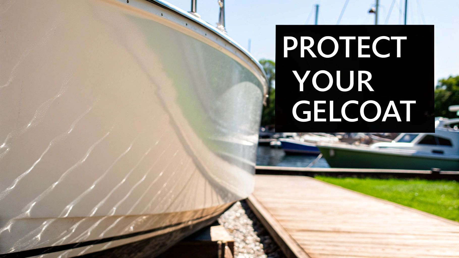 Close-up of a boat's white gelcoat reflecting light, with an overlay "PROTECT YOUR GELCOAT" in a marina.