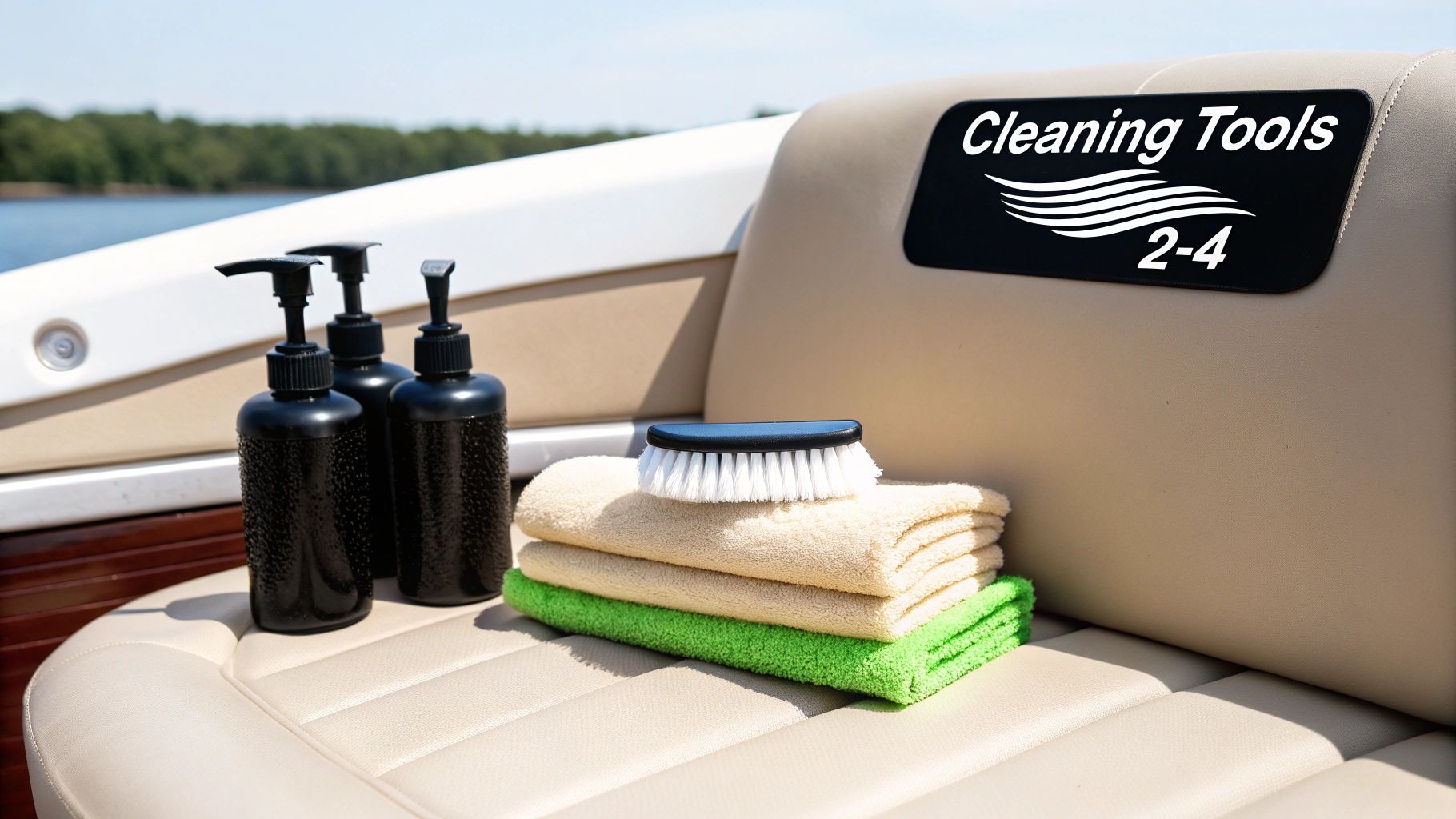 Cleaning tools including three bottles, a brush, and towels on a boat seat with a lake view.
