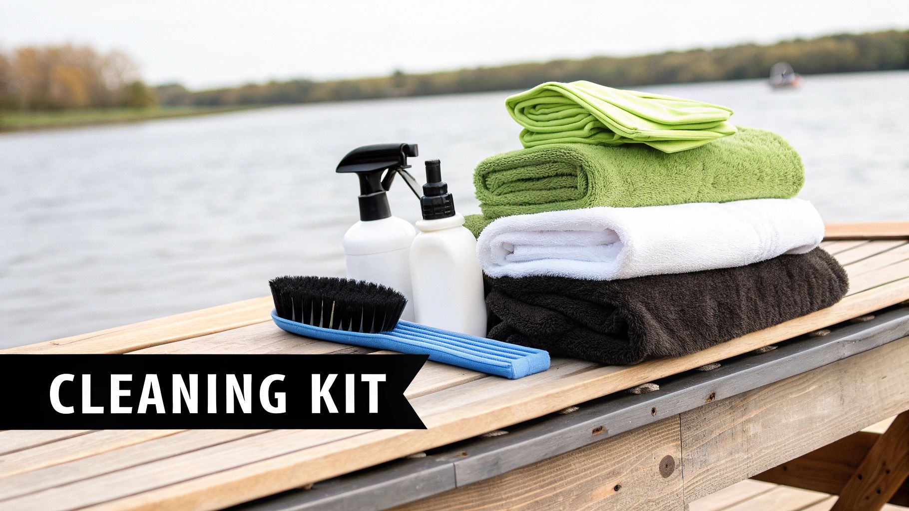 A cleaning kit with a brush, spray bottles, and stacked towels on a wooden dock by the water.
