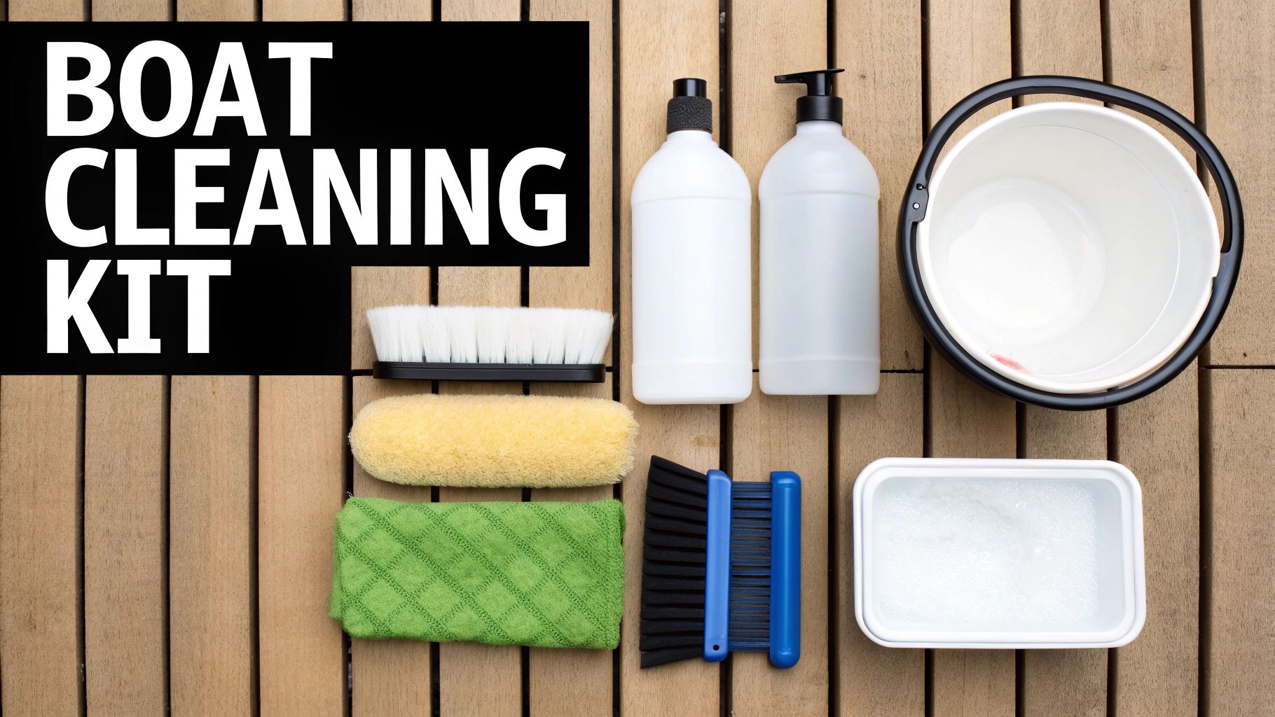 A boat cleaning kit displayed on a wooden deck, featuring various brushes, sponges, cloths, and cleaning solutions.