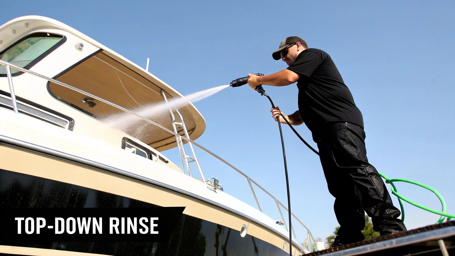 A man in a hat and sunglasses power washing the side of a beige and black boat.