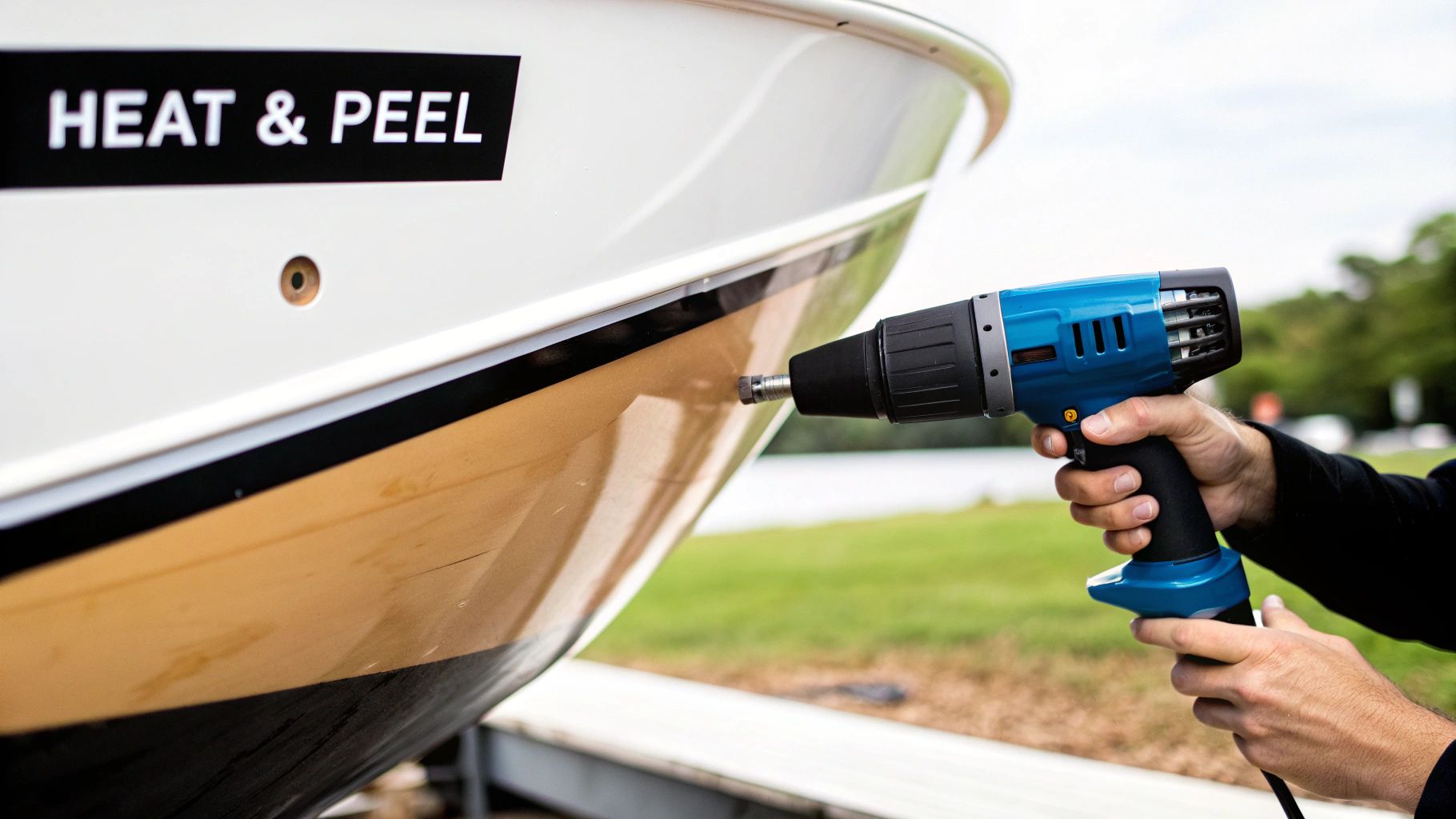 A person uses a heat gun to remove old decals from the side of a boat.