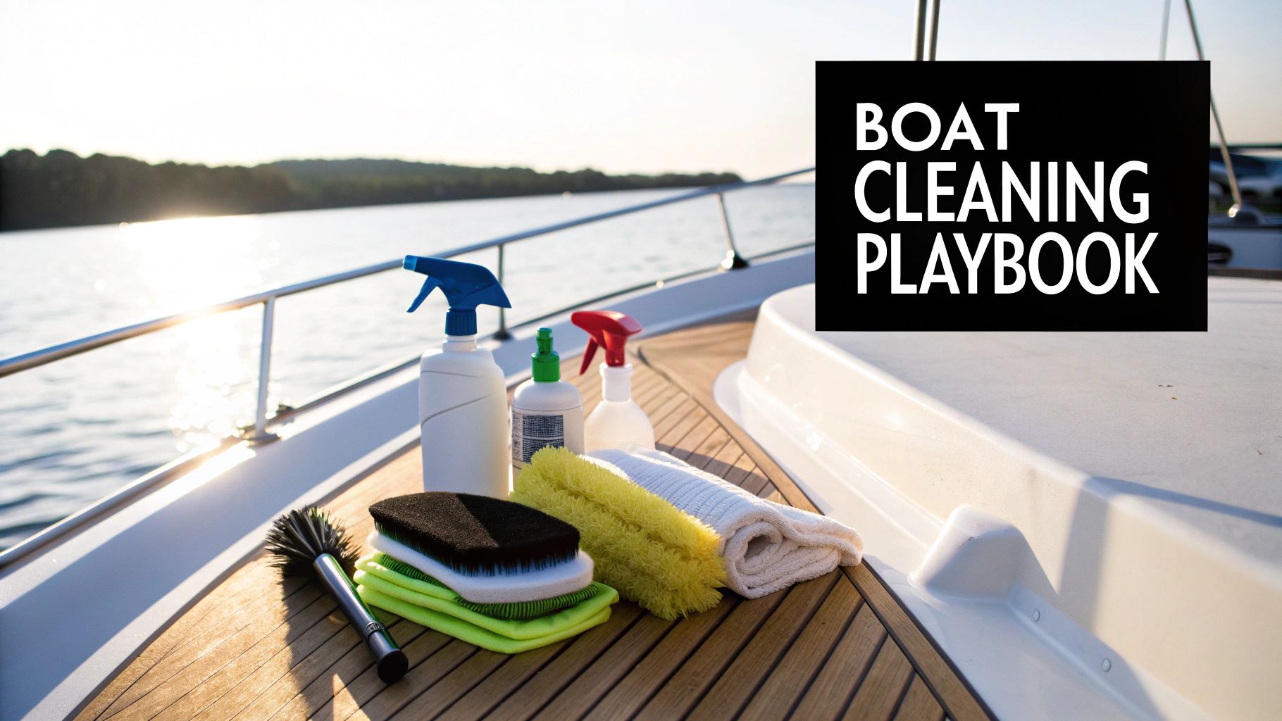 Boat cleaning supplies on a wooden deck with spray bottles, brushes, and towels, with a scenic water background and the text 'BOAT CLEANING PLAYBOOK'.