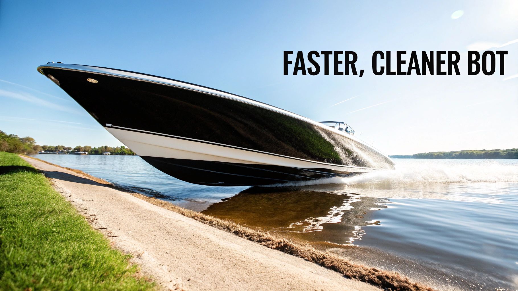 A sleek black and white boat speeds across calm water, creating a large wake, under a clear blue sky.