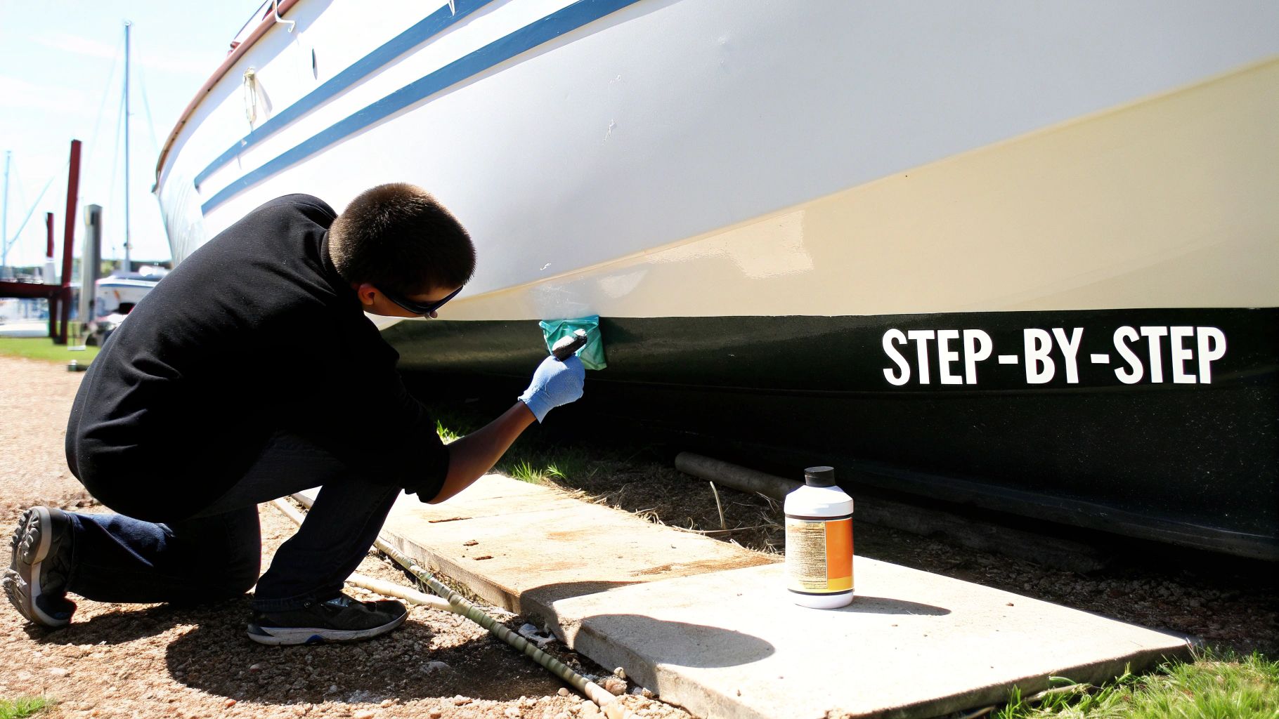 Person in gloves cleaning a boat hull with a cloth and cleaning solution, 'STEP-BY-STEP' written.