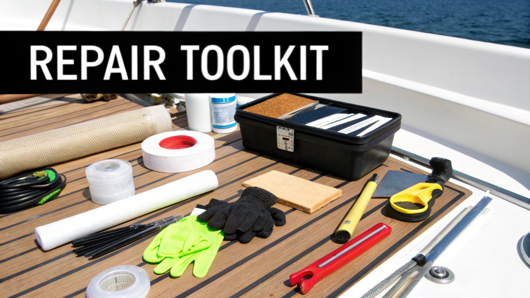 A comprehensive boat repair toolkit featuring various tools and supplies on a wooden deck.