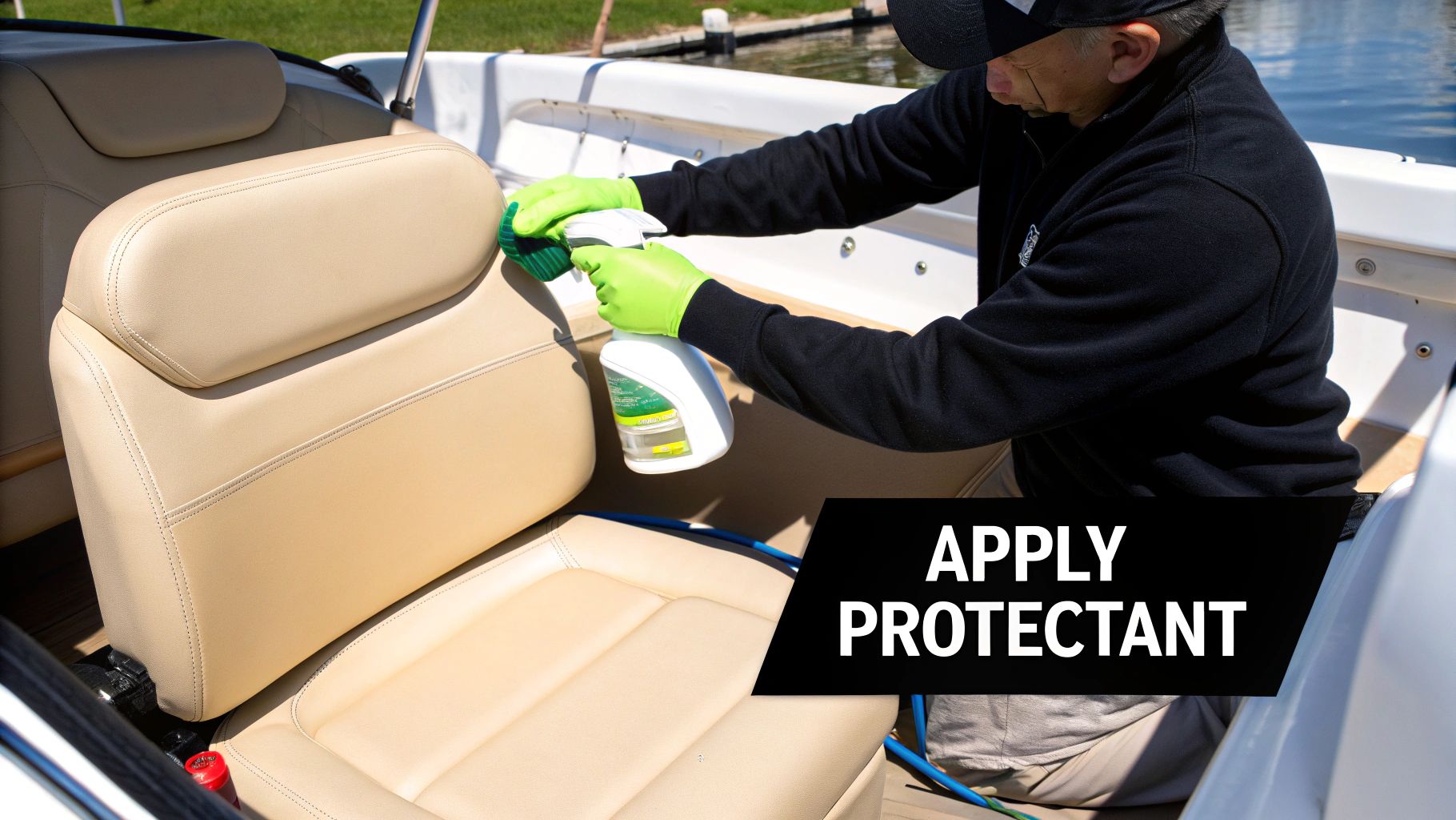 Person in neon green gloves applying protectant to tan vinyl boat seats with a scrub brush.