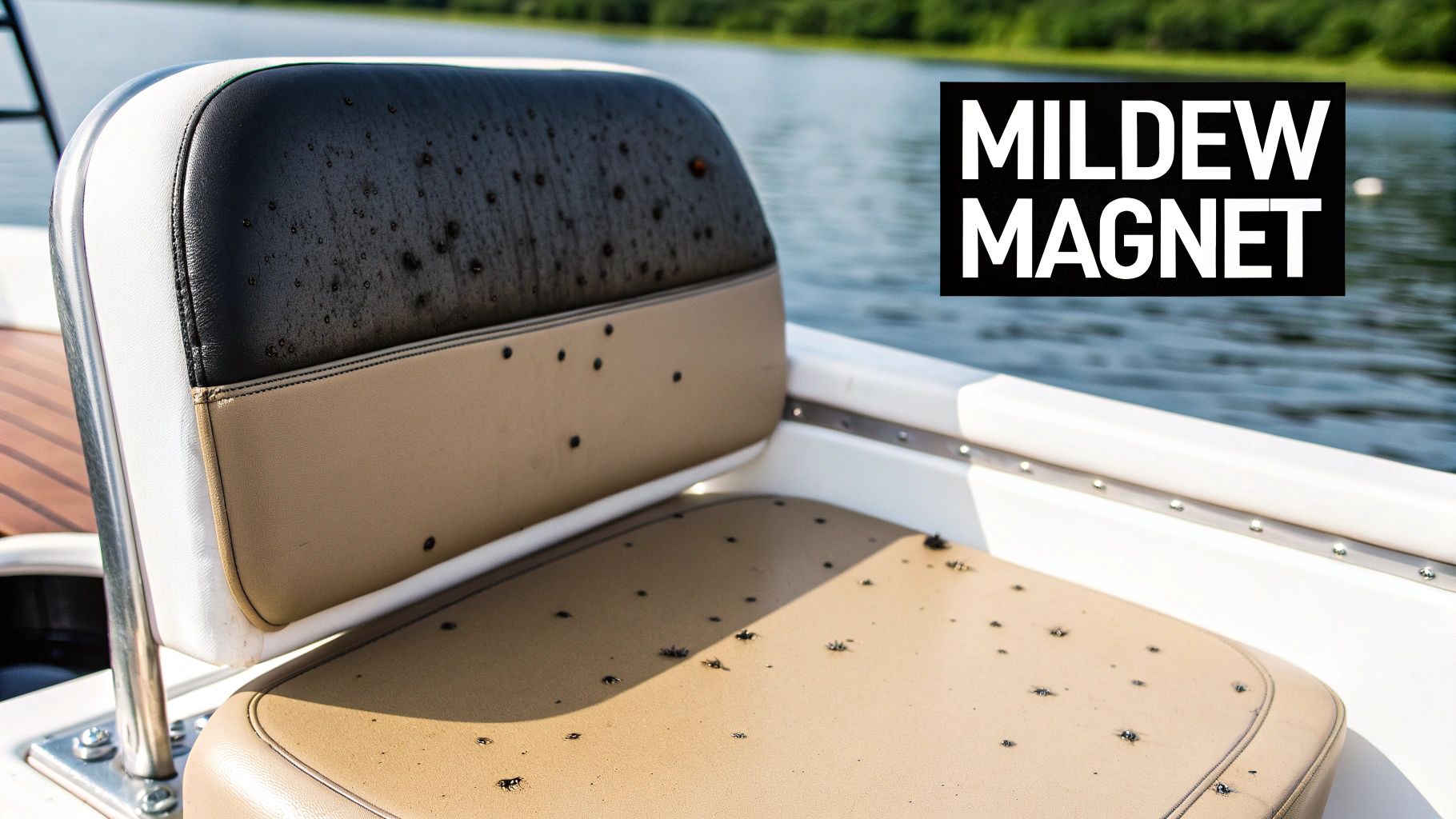 Close-up of a dirty boat seat showing extensive black mildew stains and a text overlay.
