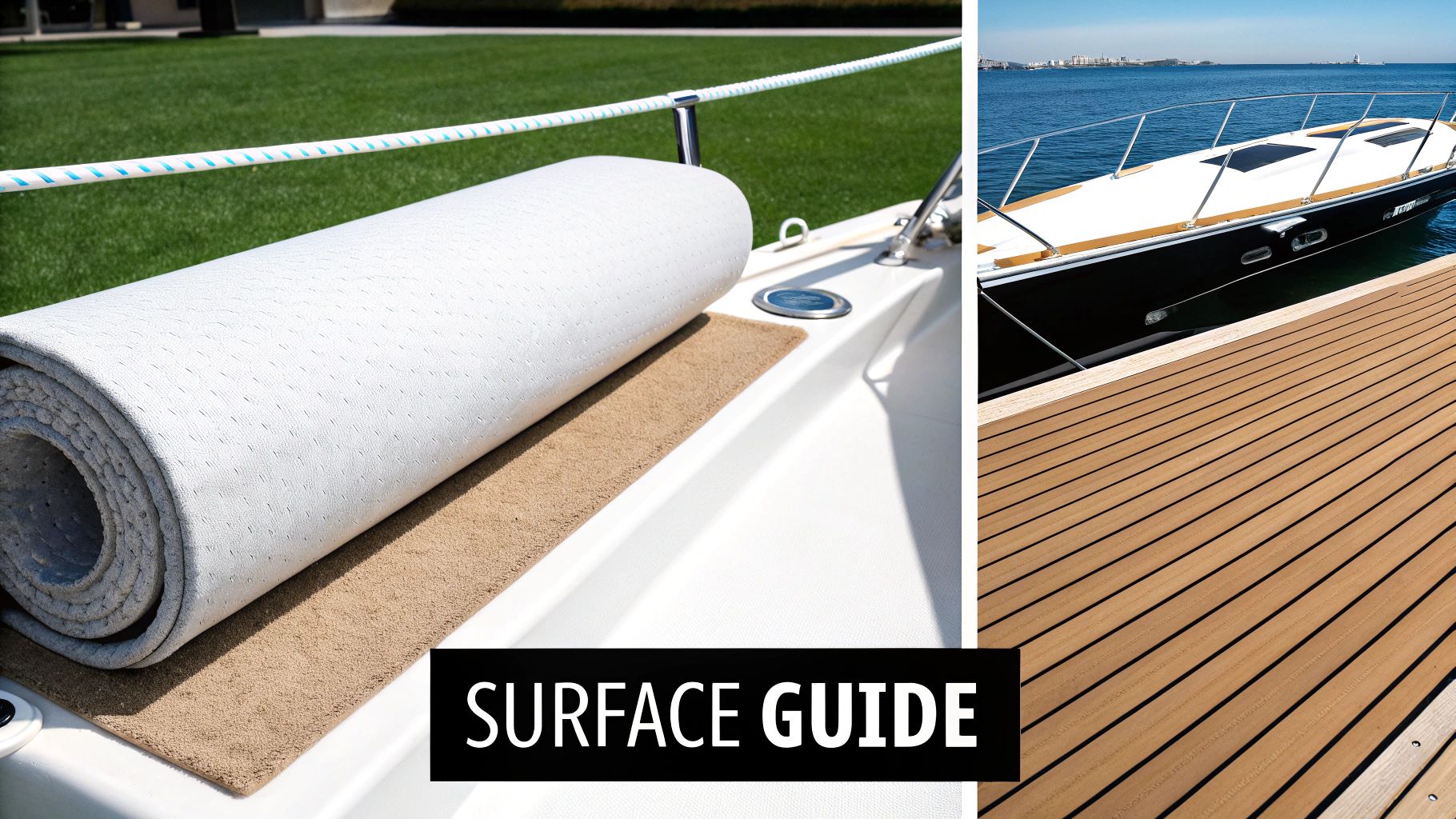 A rolled white mat on a boat deck, with a boat at a wooden pier, and a 'Surface Guide' overlay.