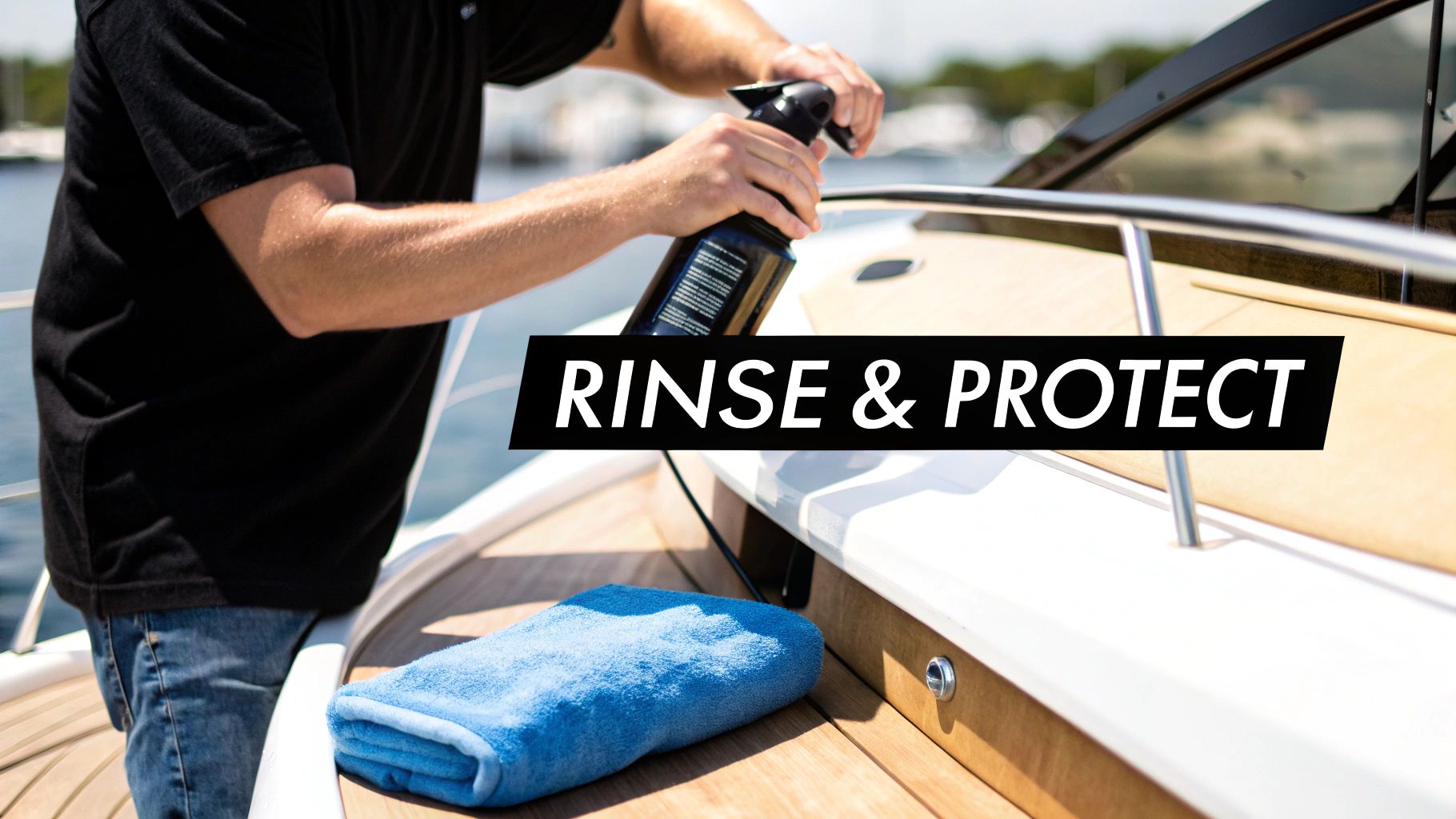 A person in a black shirt spraying a boat deck with a cleaning product, with a blue towel and "RINSE & PROTECT" text.