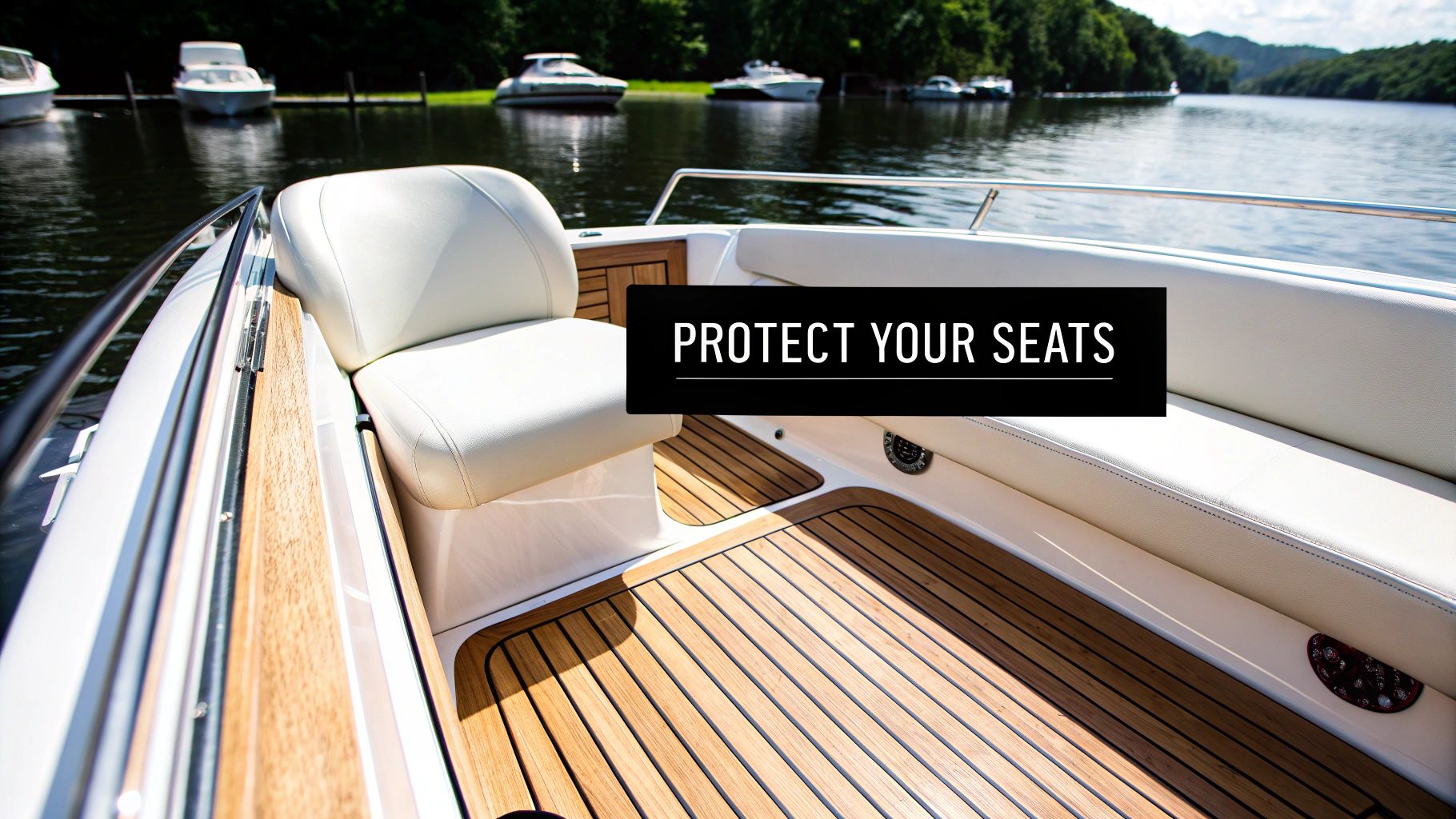 An inviting boat interior with pristine white vinyl seats and elegant teak flooring, surrounded by a serene lake.