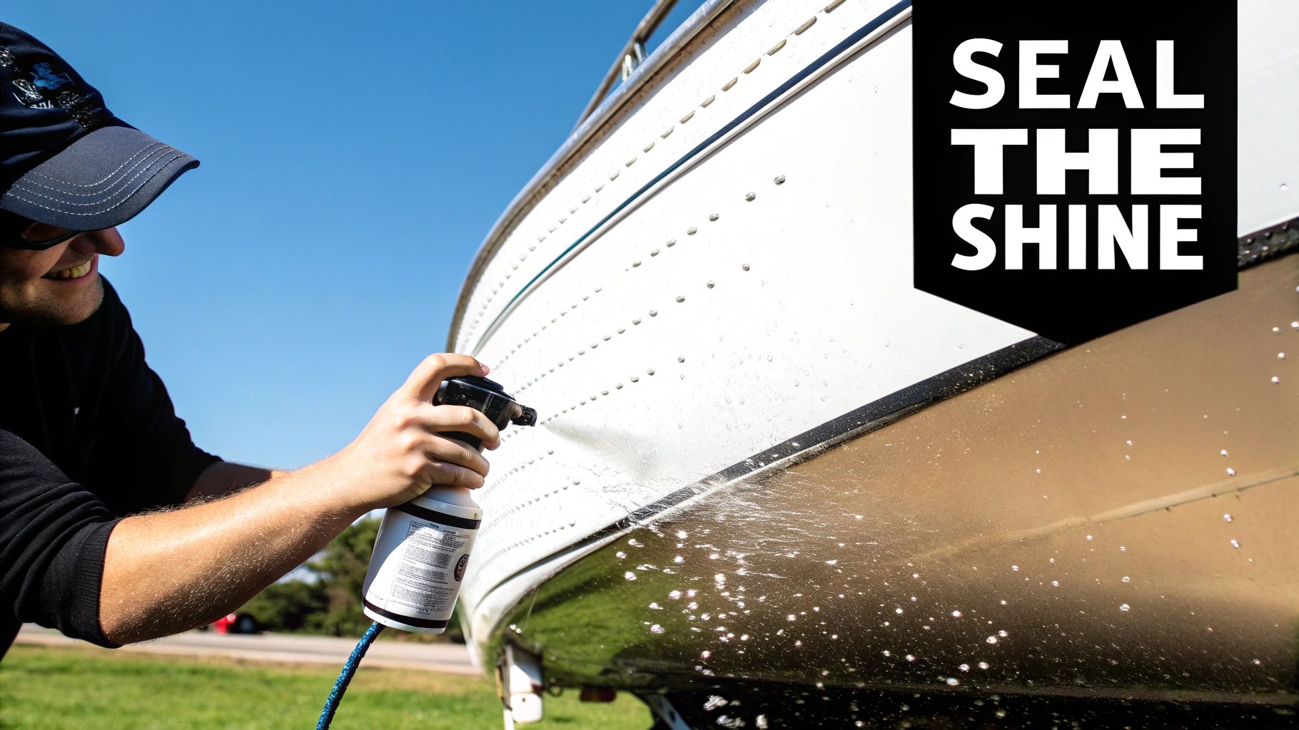 A person smiles while spraying a cleaning solution onto the shiny hull of an aluminum boat on a sunny day.