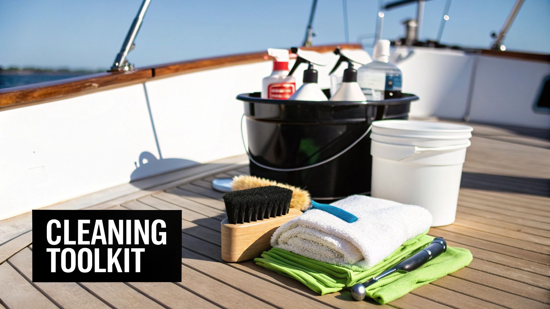 A comprehensive boat cleaning toolkit with buckets, brushes, spray bottles, and towels on a wooden deck.