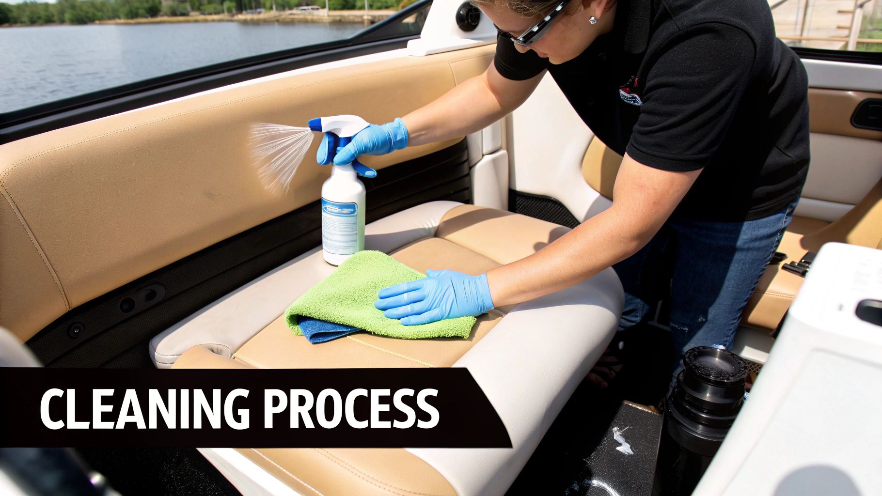 A person wearing blue gloves sprays cleaning solution on a tan boat seat during a cleaning process.