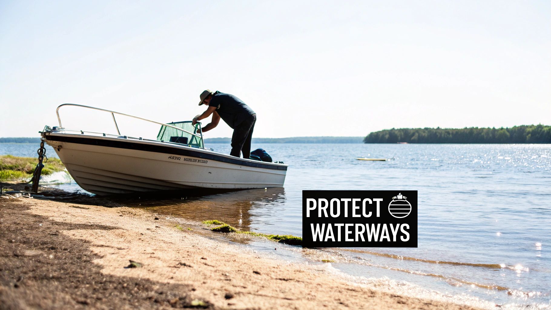 A person prepares a boat on a sandy shore by a lake, with a 'PROTECT WATERWAYS' message.