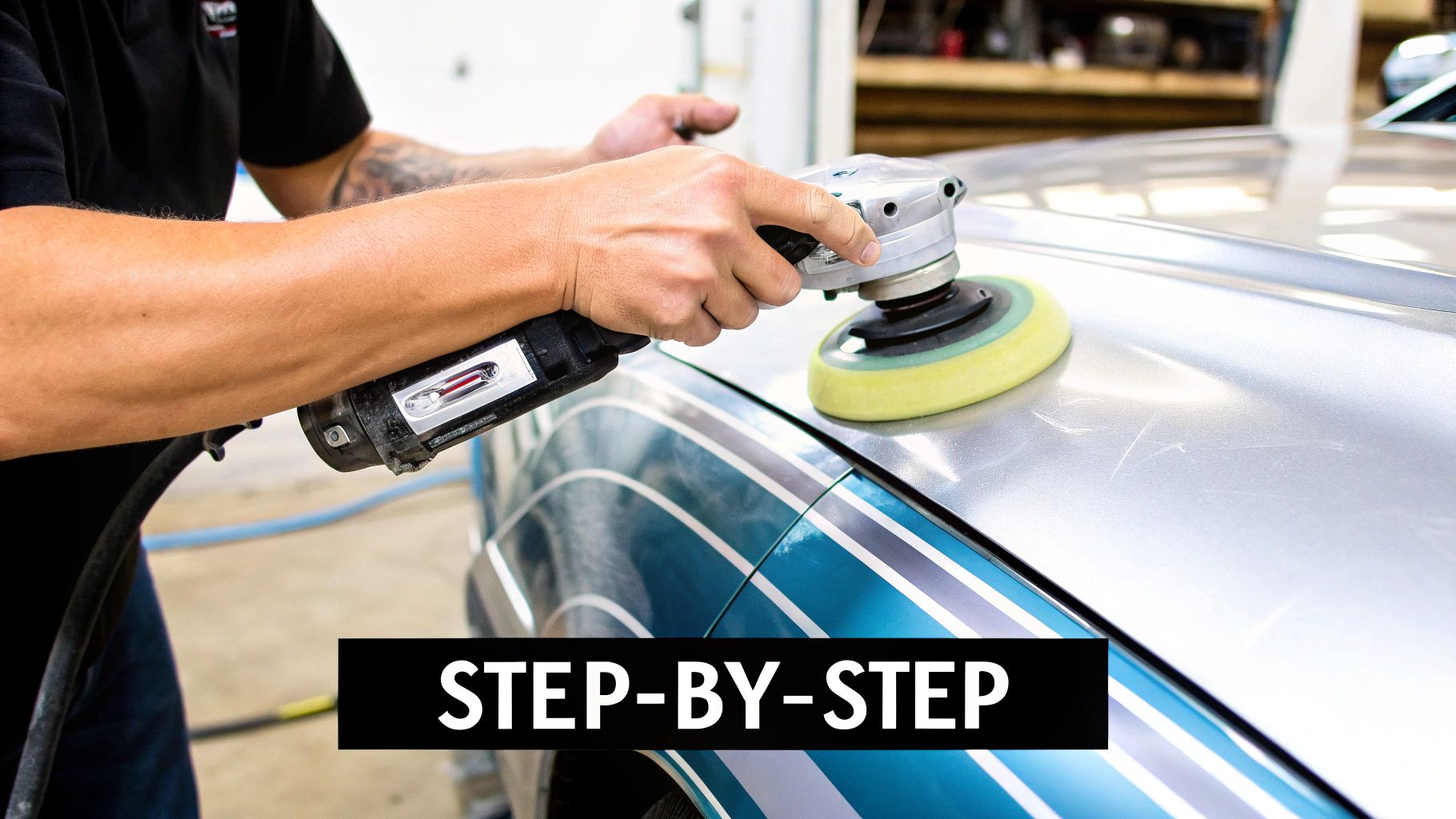 A person is polishing a silver car's hood with an orbital polisher, demonstrating a step-by-step process.