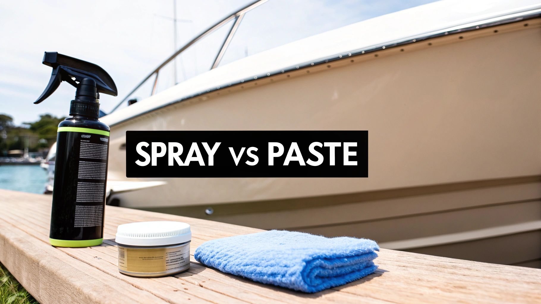 A spray bottle, paste wax container, and microfiber cloth for boat waxing, comparing spray vs paste.