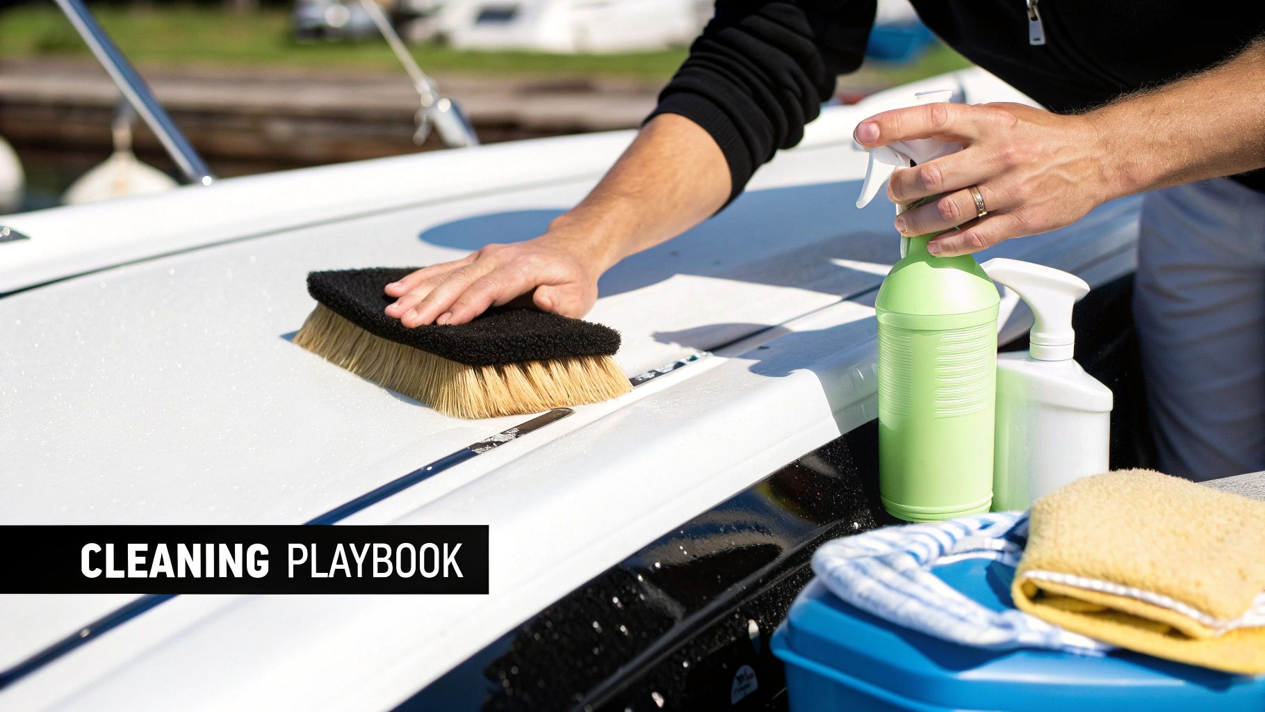 A person scrubbing a white boat deck with a brush and spray bottles, cleaning supplies nearby.