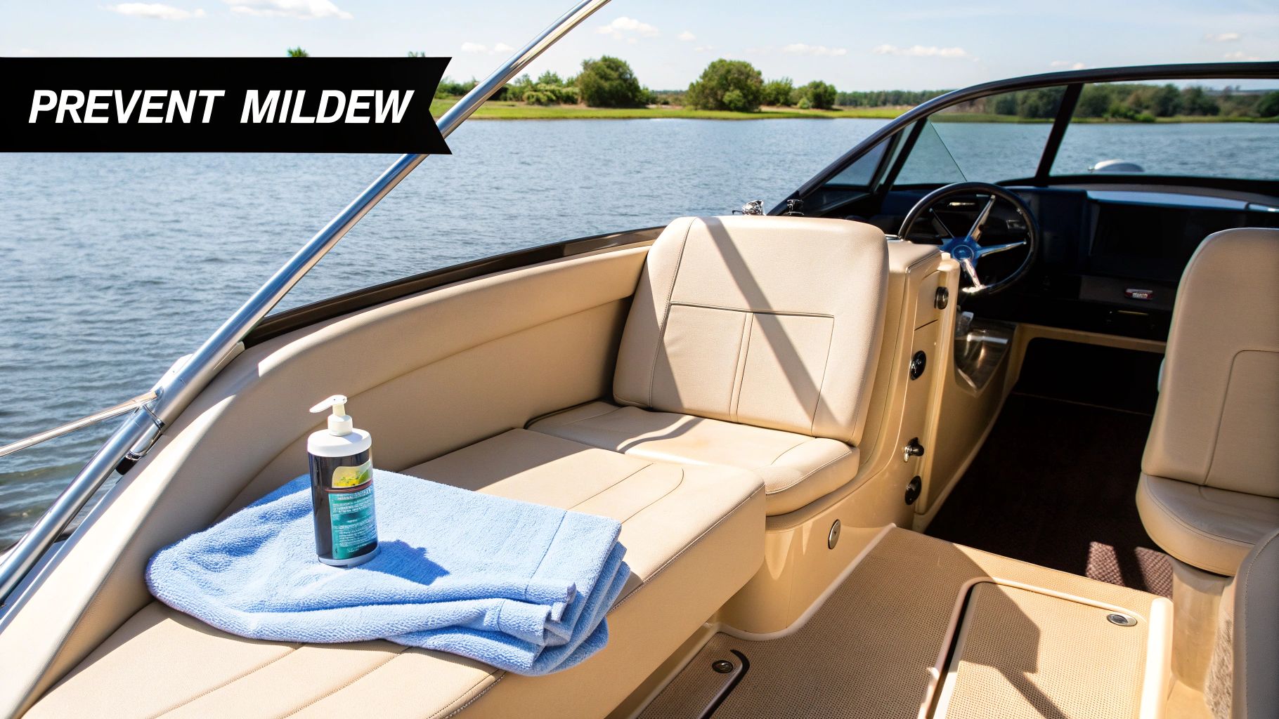 Boat interior with cleaning product and towel on beige seats, promoting mildew prevention on water.