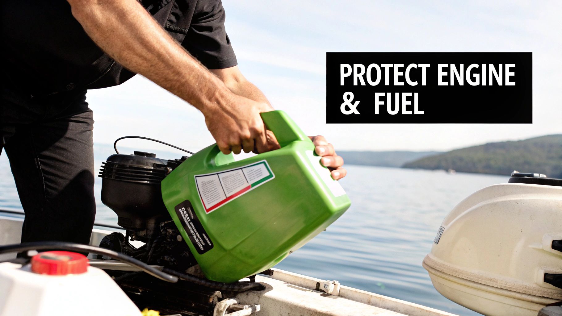 A person pouring liquid from a green container into a boat engine, protecting it on the water.