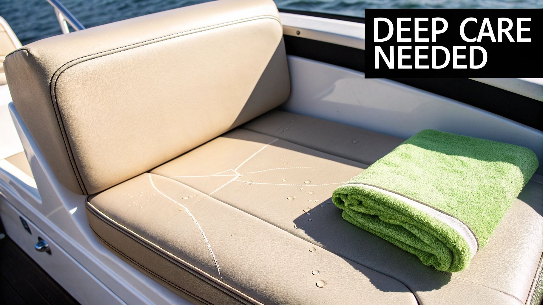 Beige vinyl boat seats with water droplets and a green towel, indicating cleaning or maintenance.