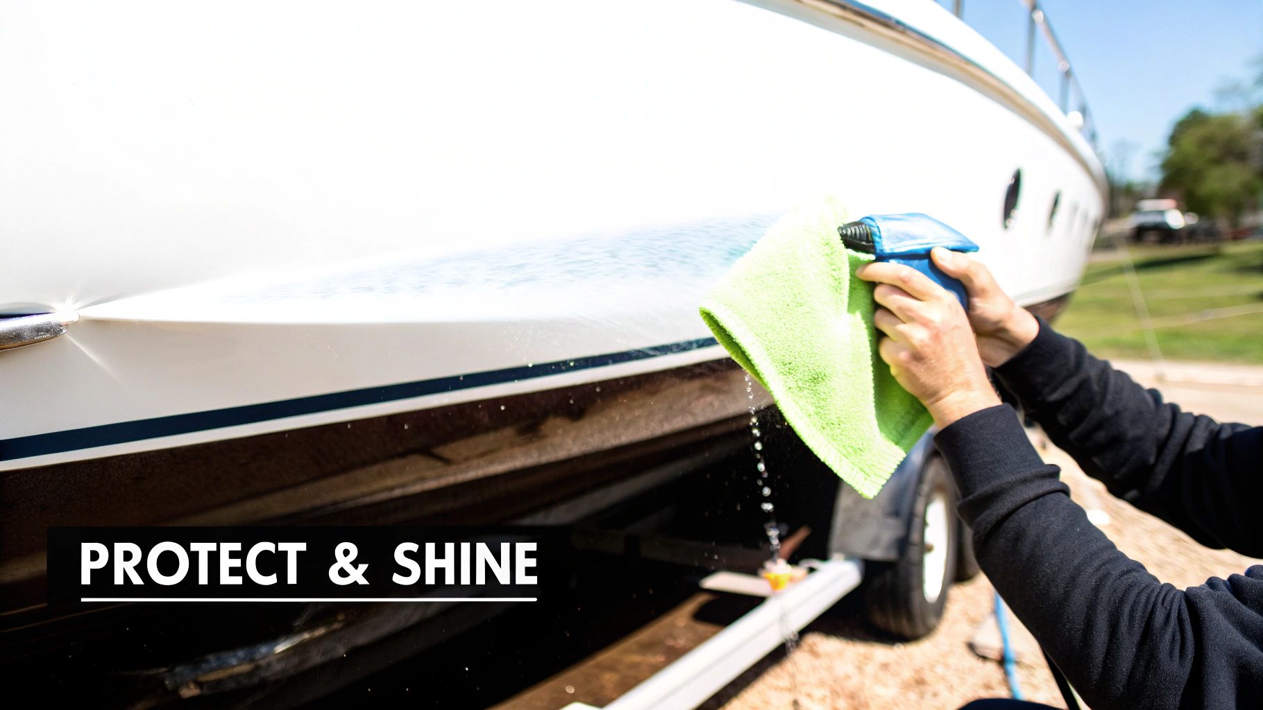 A person uses a spray bottle and green cloth to clean the white hull of a boat on a trailer.