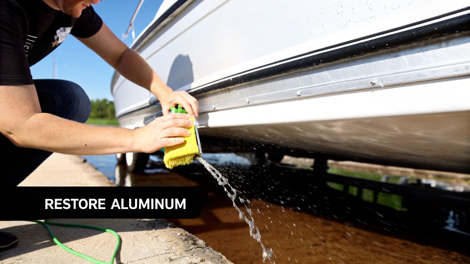 A person cleaning the aluminum siding of a pontoon boat with a sponge, water splashing.