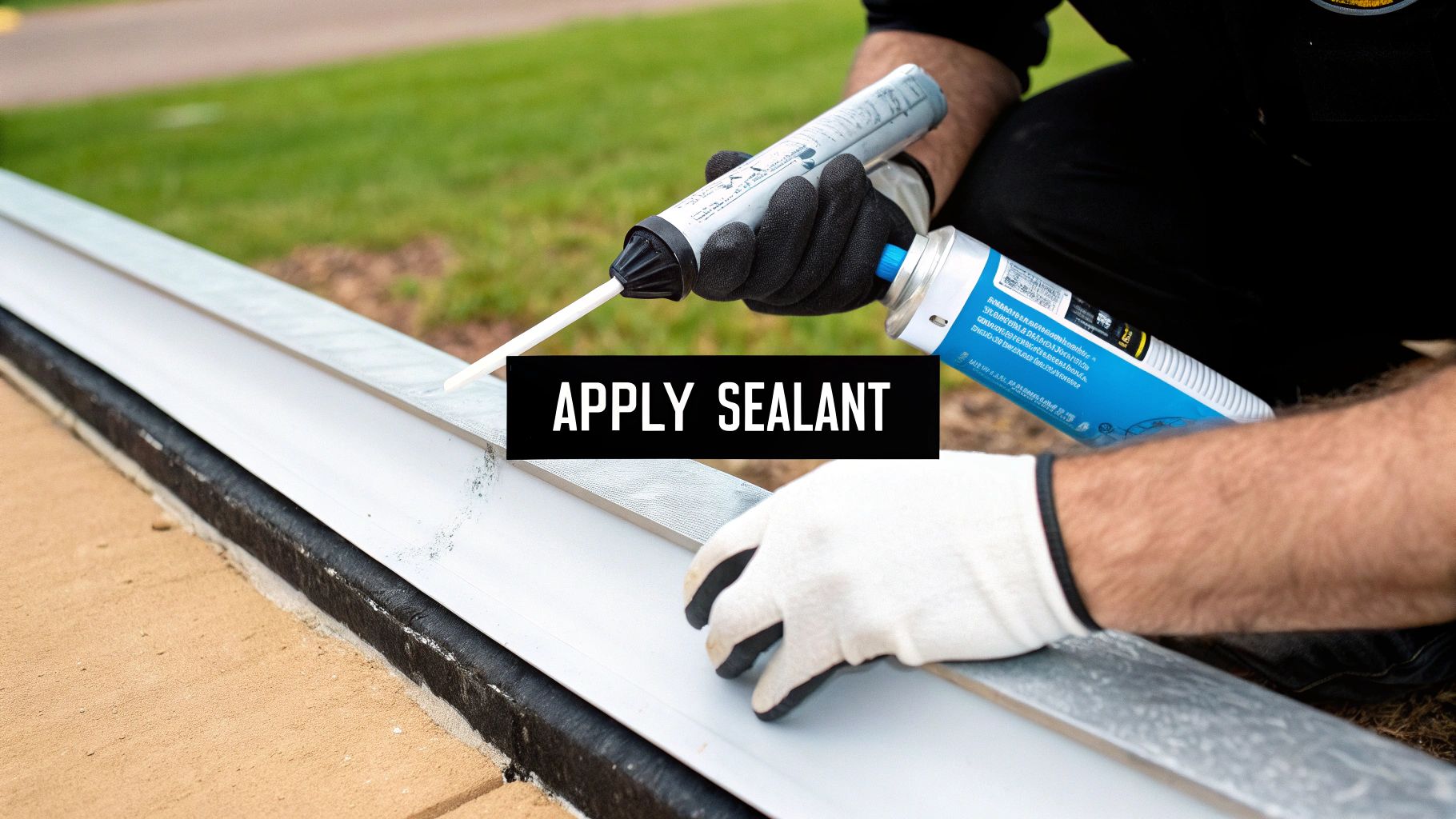 Gloved hands applying sealant with a dispenser along a white outdoor structure's edge.