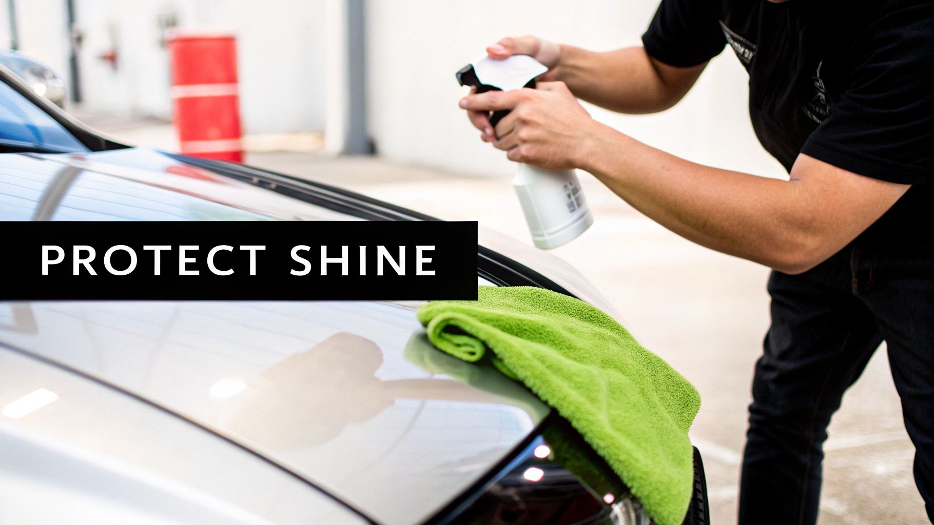Hands spraying car polish onto a silver hood next to a green microfiber towel, promoting 'PROTECT SHINE'.