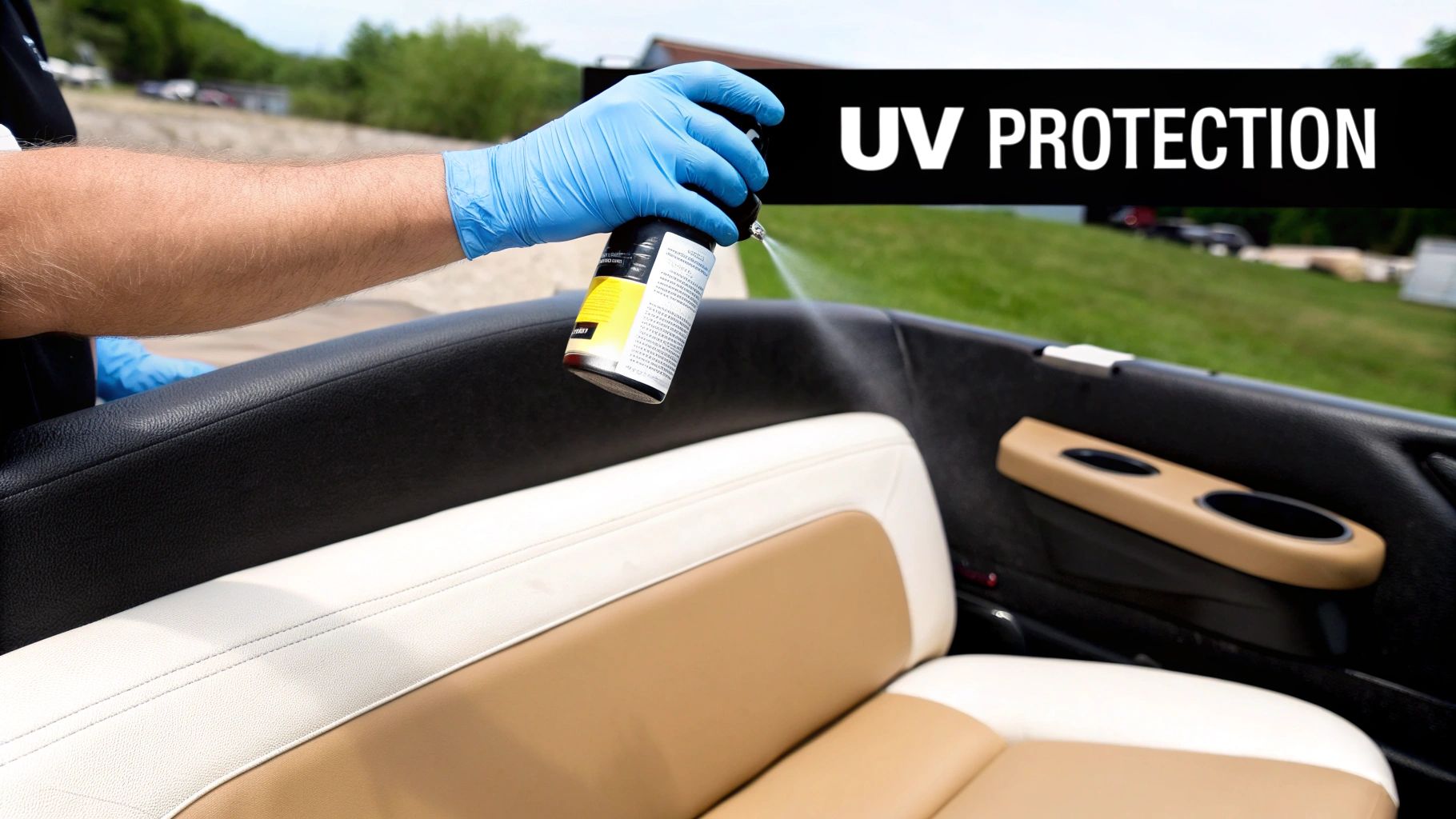 A person in blue gloves sprays UV protection product onto black and tan boat upholstery.