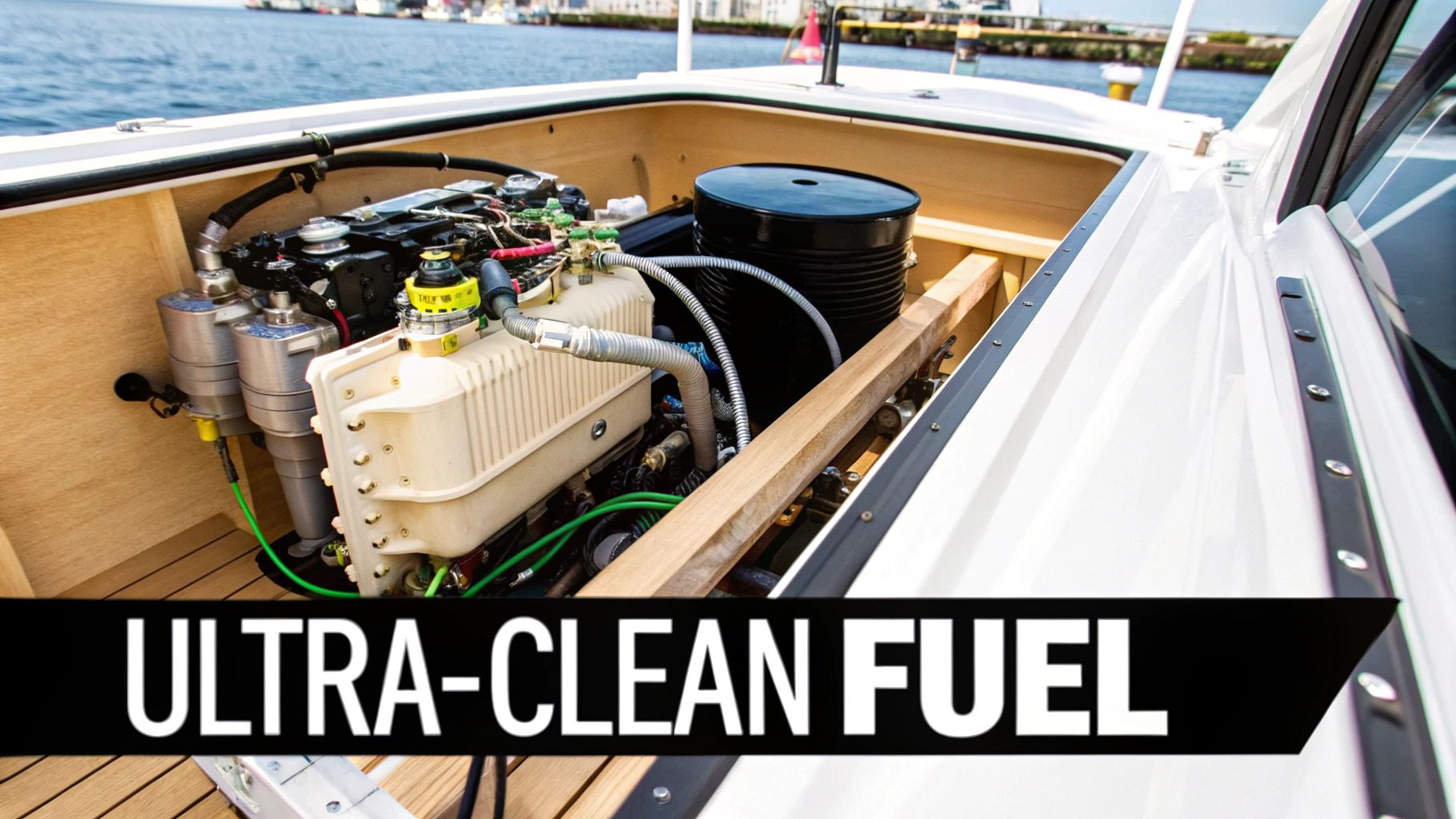 A clean boat engine compartment with fuel filters, hoses, and the engine, promoting ultra-clean fuel.