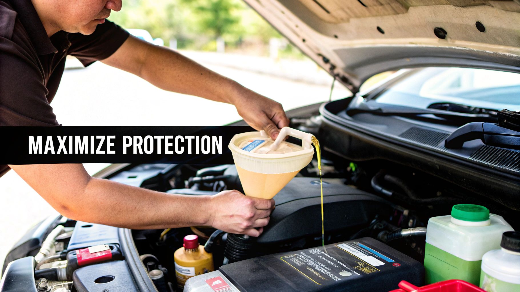 Man pouring golden engine oil into a car engine using a yellow funnel for maximized protection.