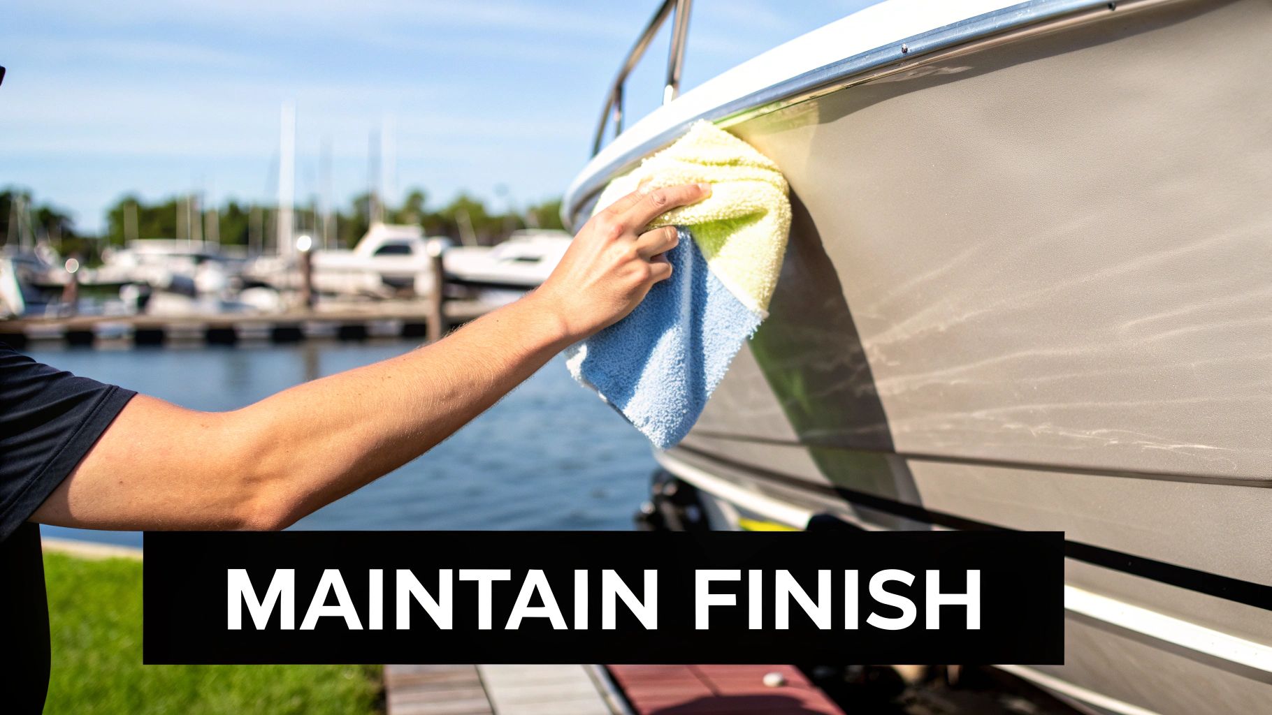 A person's hand uses a microfiber cloth to clean the side of a boat in a marina, maintaining its finish.